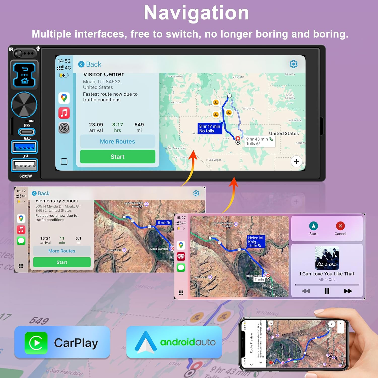 6.8″ Single Din Car Stereo Wireless CarPlay touchscreen Bluetooth Radio USB CAM