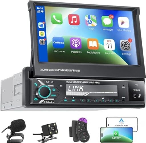Single Din Car Stereo Screen with Wireless Carplay & Android Auto, 7′ Flip Out