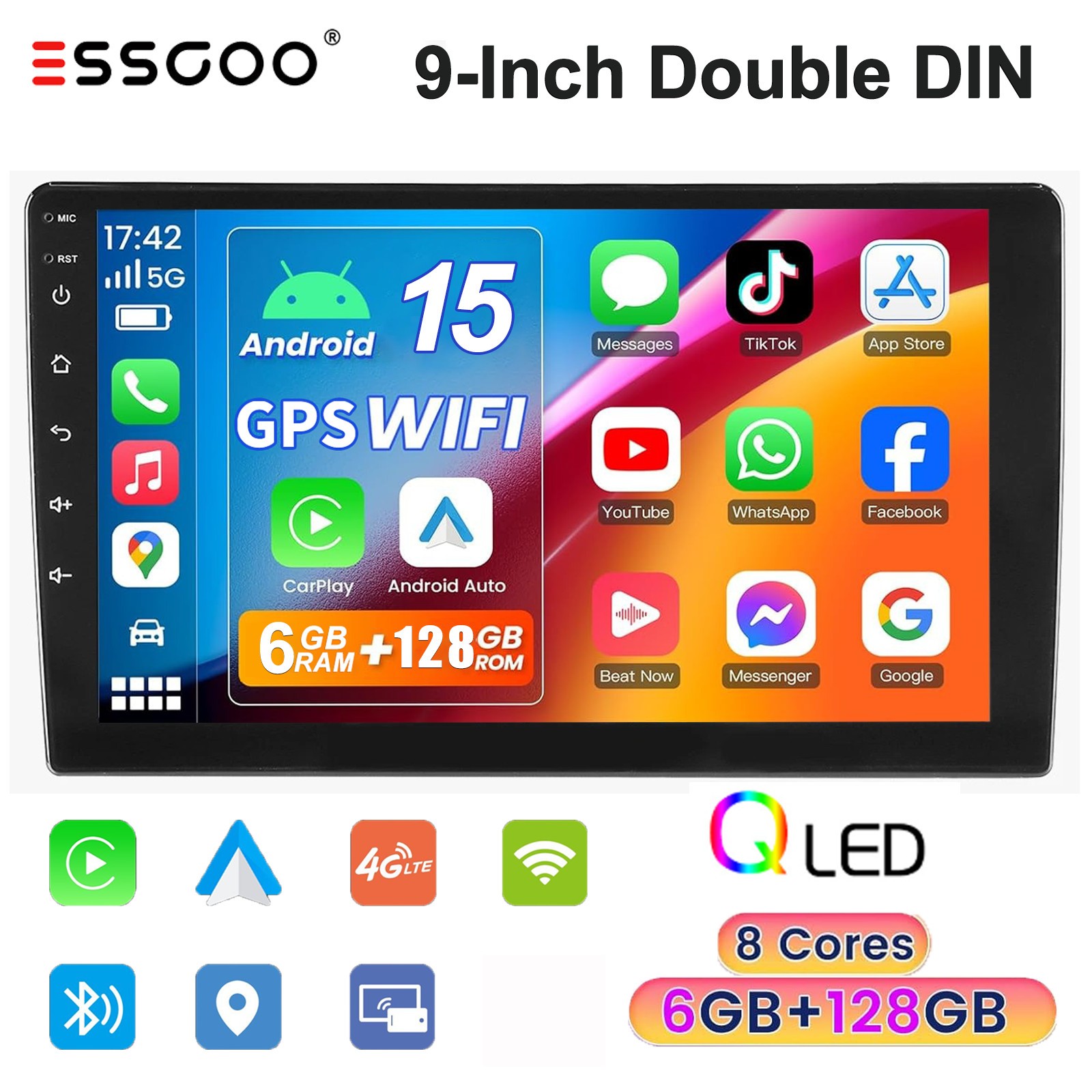 6+128GB QLED 9″ 2DIN Car Stereo Radio Carplay Android 15 8 Core GPS WIFI 4G LTE