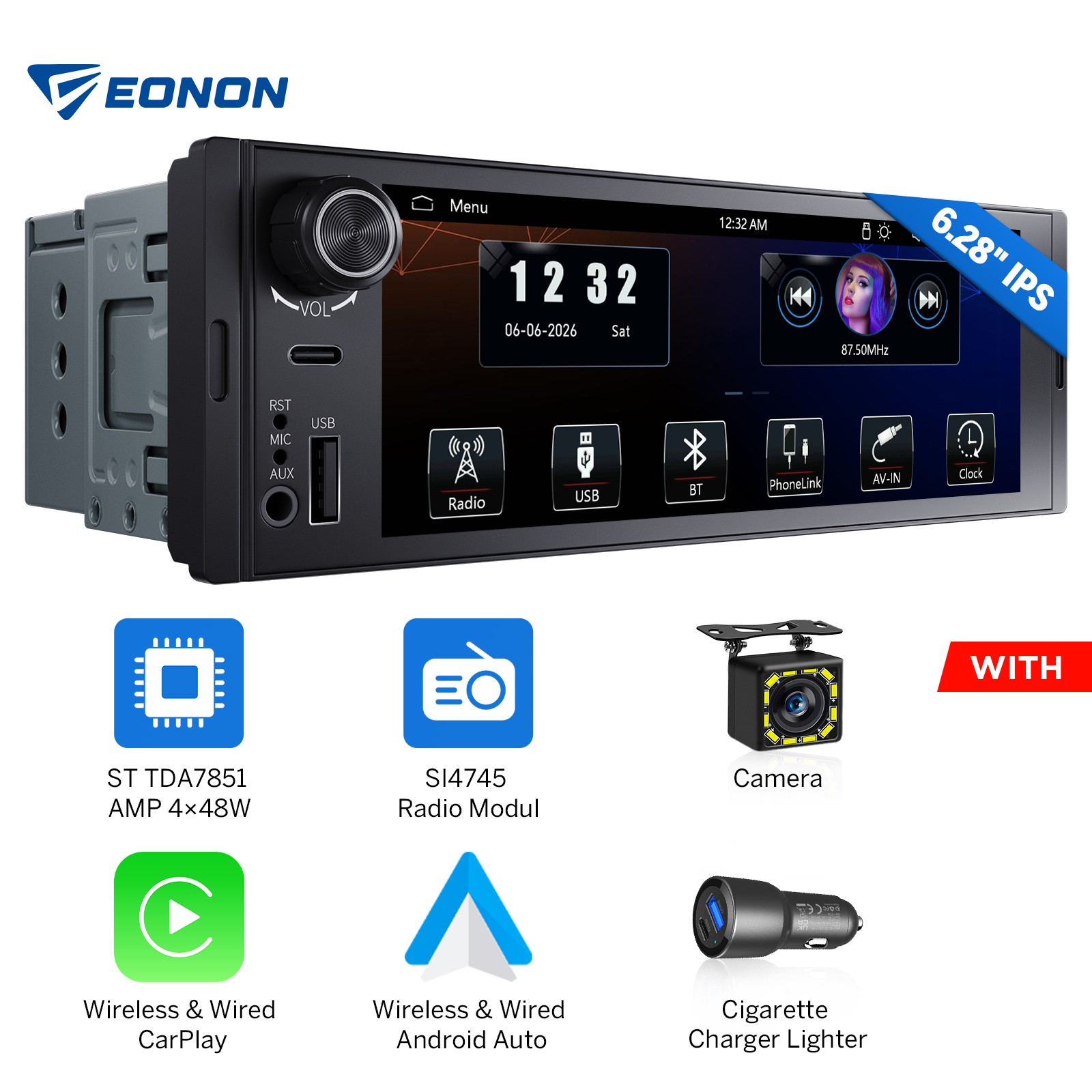 Single 1DIN 6.28″ IPS Android Auto Car Stereo Head Unit CarPlay Touch Screen SWC