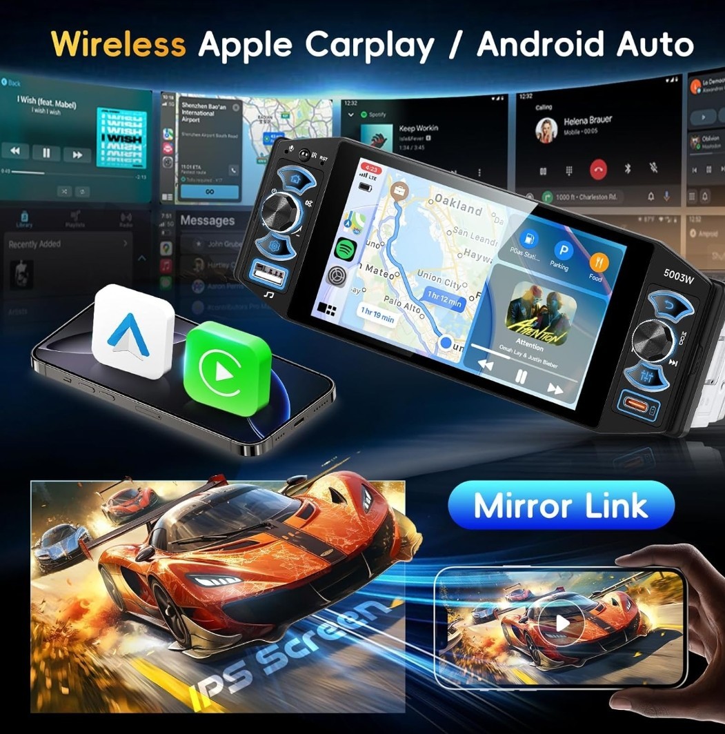 Single Din Car Radio 5” IPS Touch Screen Wireless CarPlay Android Auto BT FM USB
