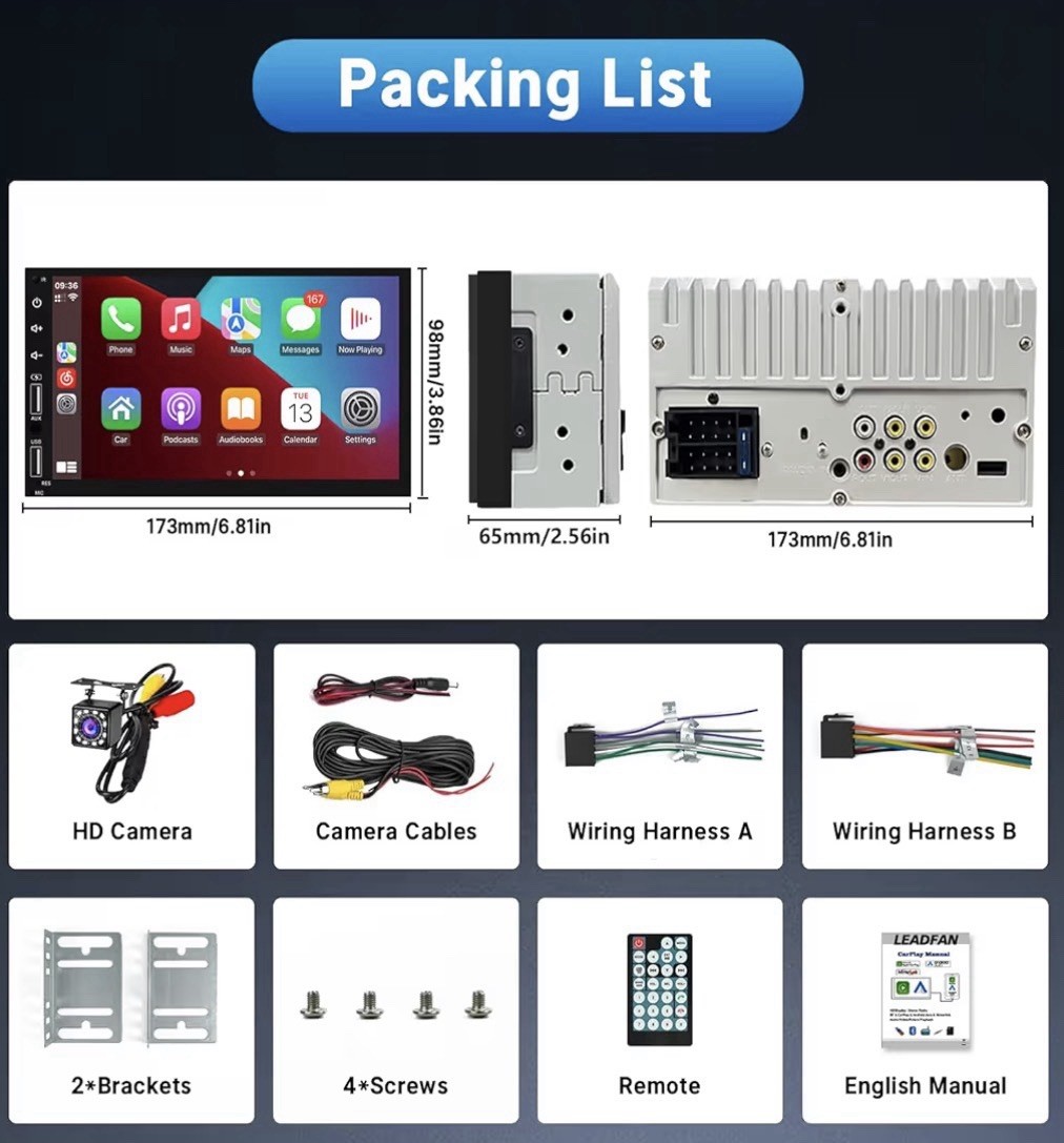 LEADFAN 2 DIN Touchscreen Radio Wired CarPlay Missing Bracket Offered as PARTS