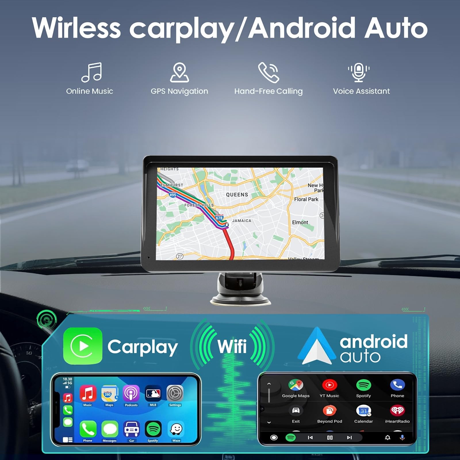 BY-J 7” Wireless Carplay Screen for Car with 1080P Backup 7 in, V7-7in