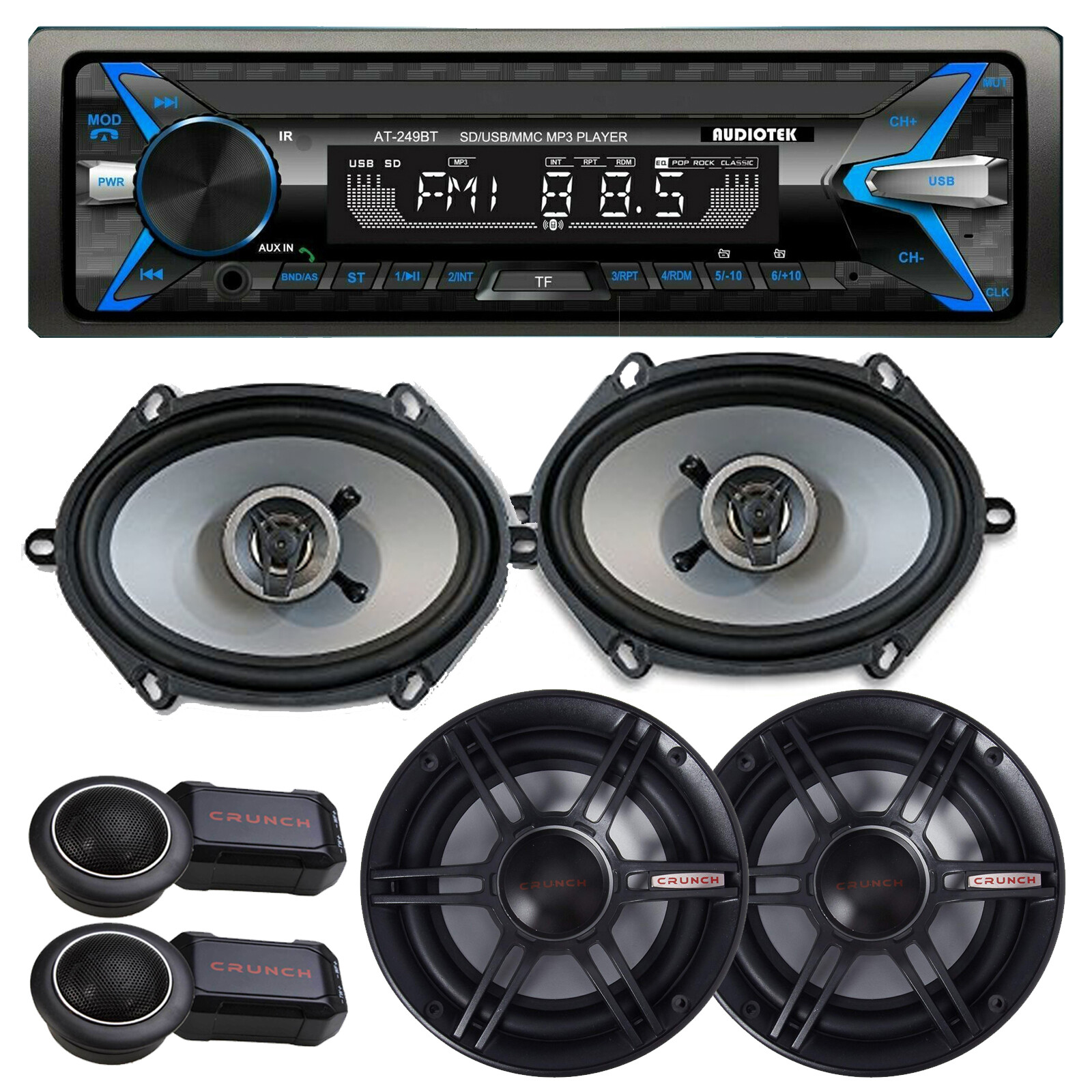Audiotek AT-249BT Digital Receiver Bluetooth + 4x Crunch 6″x8″ 6.5″ Speakers