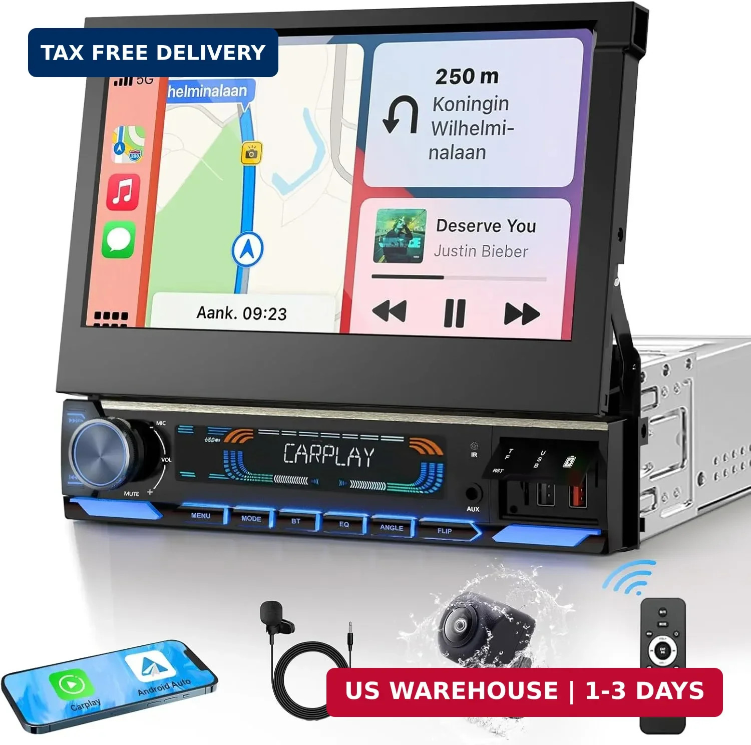 2026 Car Stereo with Wireless CarPlay & Auto, 7-inch HD motorized flip out