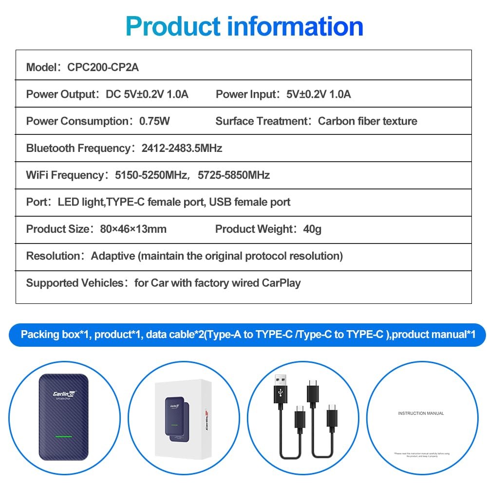 4.0 CP2A Adapter for Wired CarPlay Car, 2 in 1 Convert Wired CarPlay to Wirel…