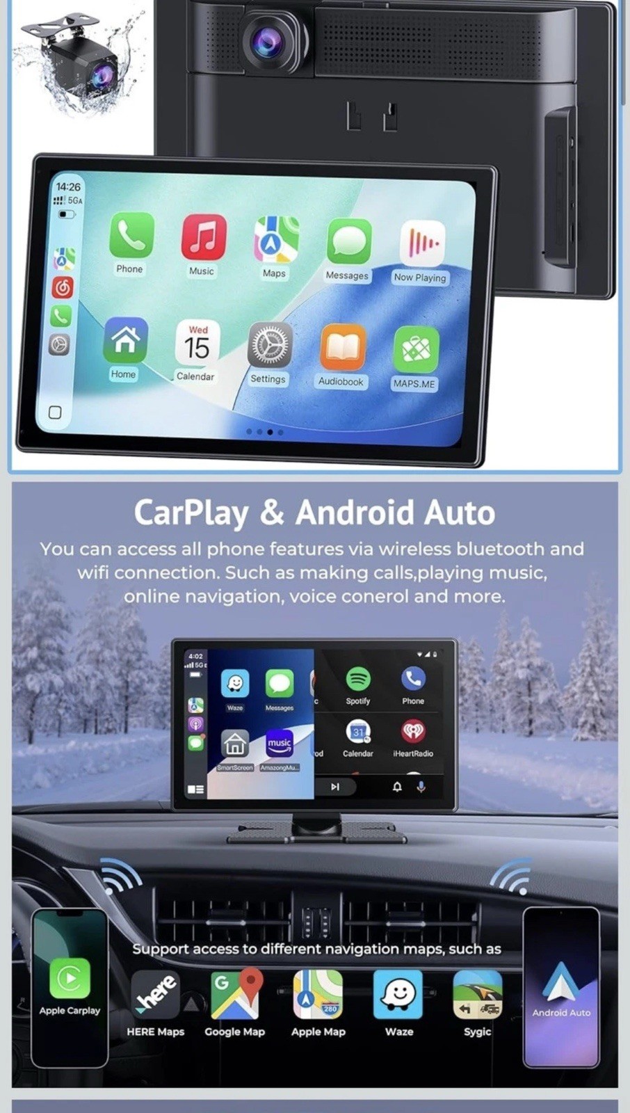 Portable Car Apple Carplay Touch Screen 9″ Wireless Android 5K Voice Command