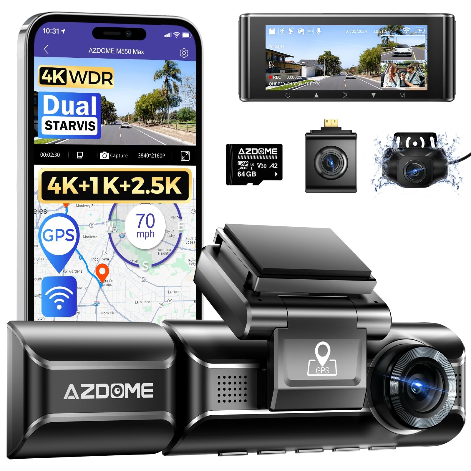 AZDOME M550 Max 4K 3-CH Dash Cam, Dual STARVIS, 4K+2.5K+1080P Front/Inside/Rear