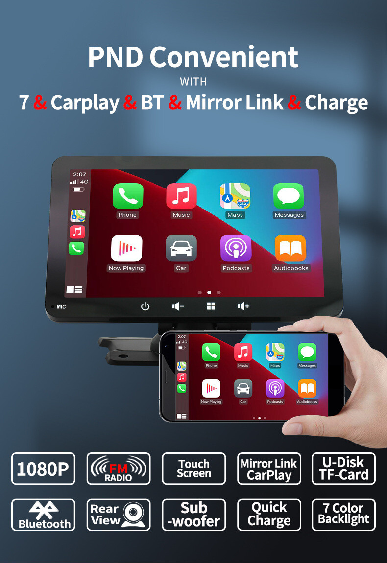 7″ Portable Car Stereo with Wireless Apple Carplay Bluetooth Radio Touch Screen