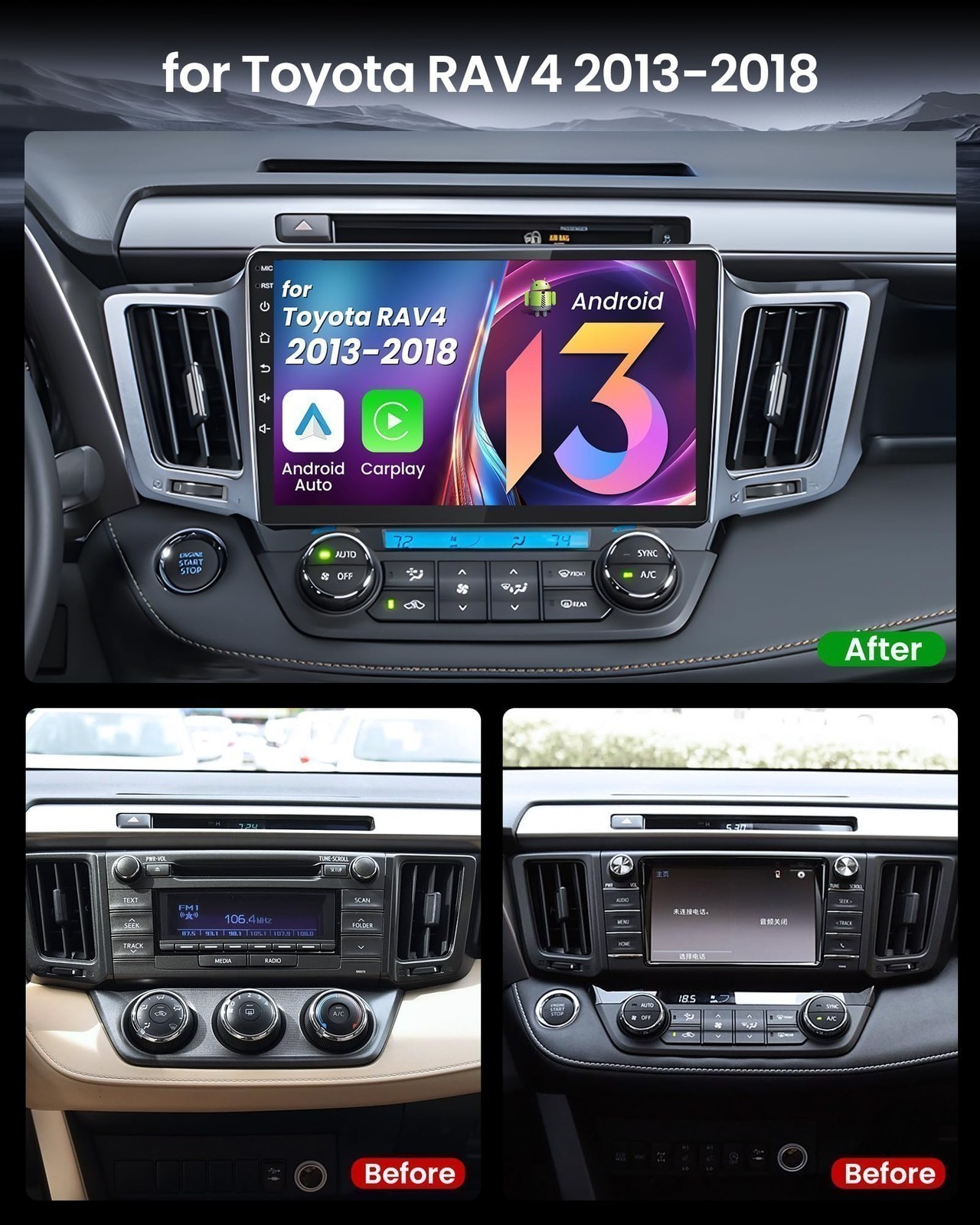 Car Radio Stereo Carplay For 2013-2018 Toyota RAV4 4+64G 10in Quad Core Player