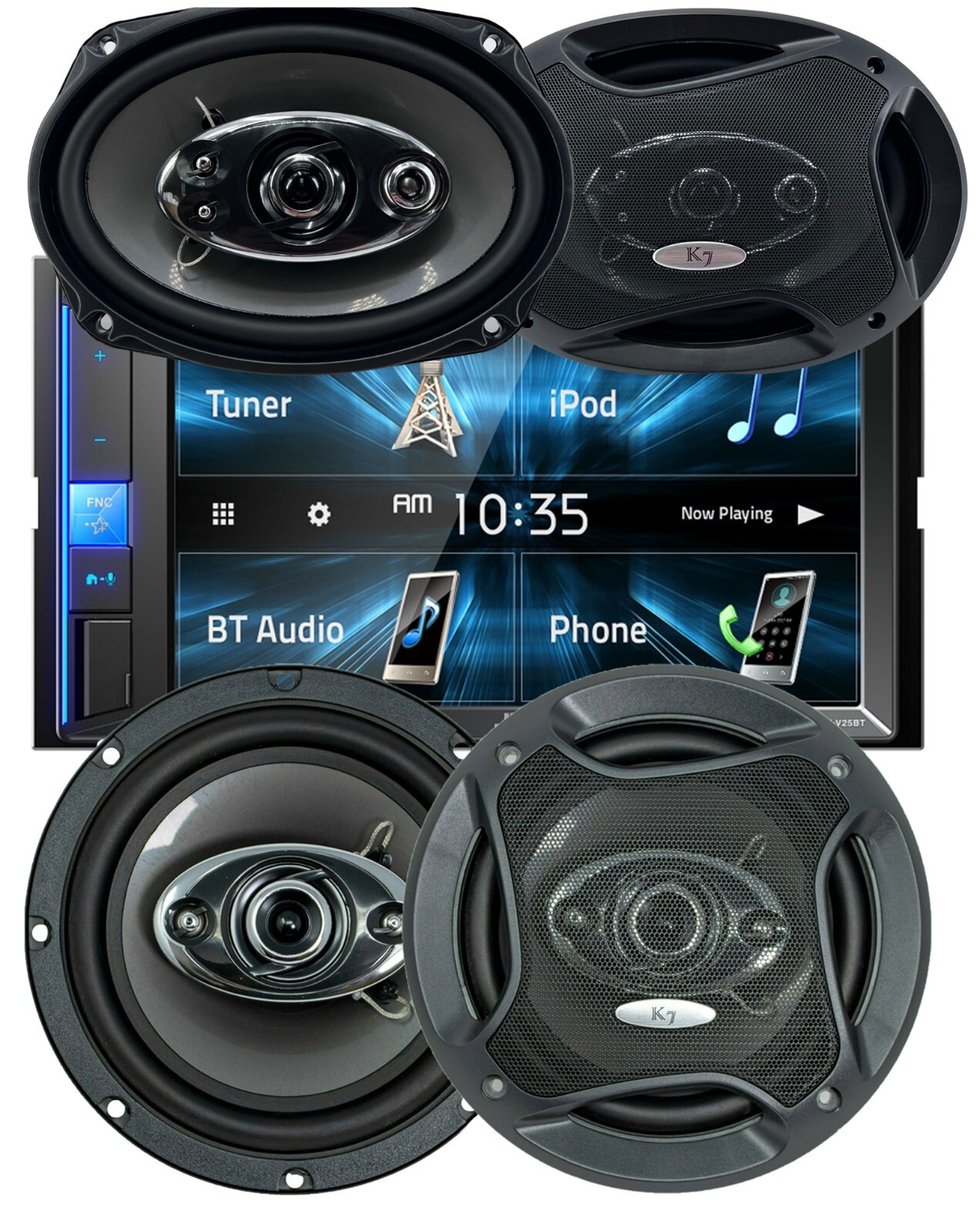 JVC KW-V25BT 6.2″ Touchscreen Receiver + Audiotek K69.5 & K65.4 Car Speakers