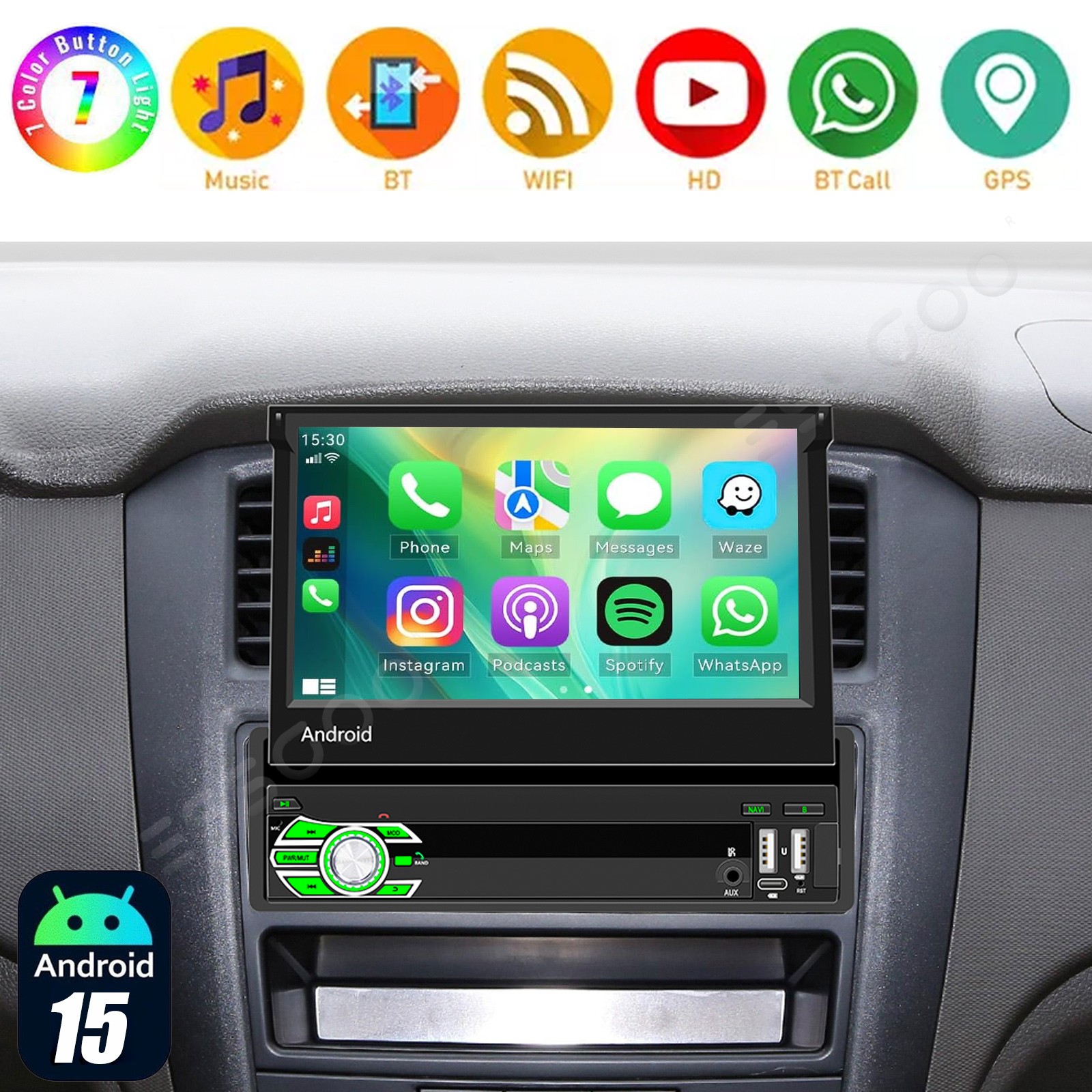7″ Single 1 DIN Apple CarPlay Android Auto Car Stereo Radio Flip Out 4+64G MP5