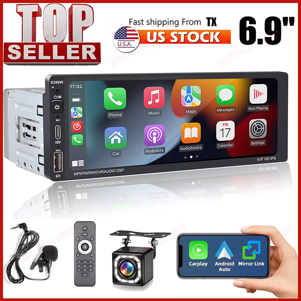 Single Din Car Stereo Wireless Apple CarPlay 6.9 touchscreen Bluetooth Radio USB