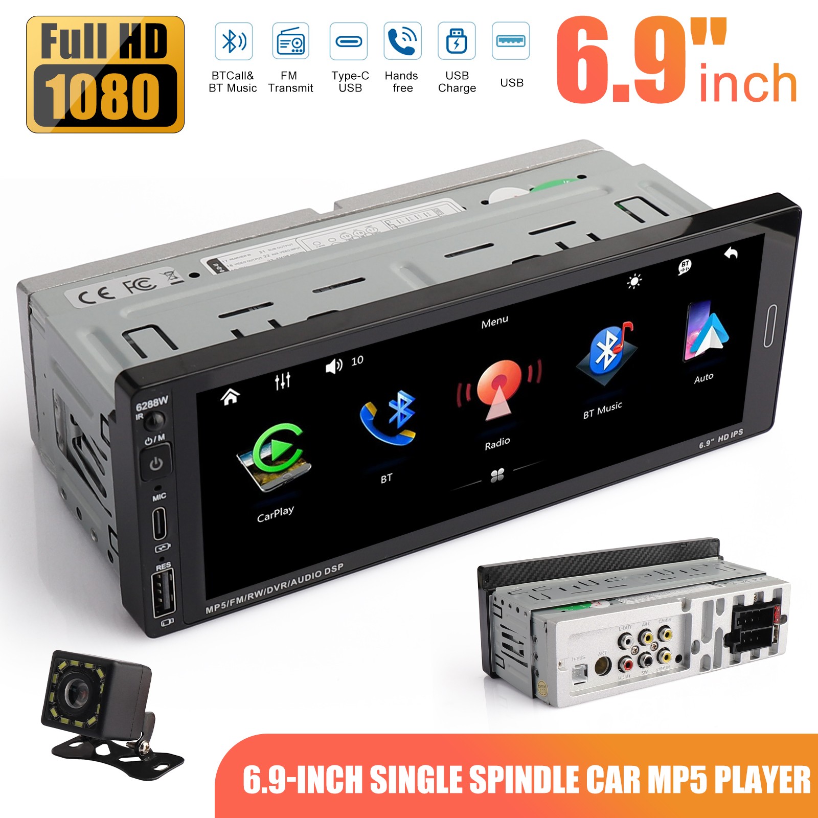 6.9″ Touch Single Din Car Radio Wireless CarPlay Bluetooth USB Multimedia Stereo