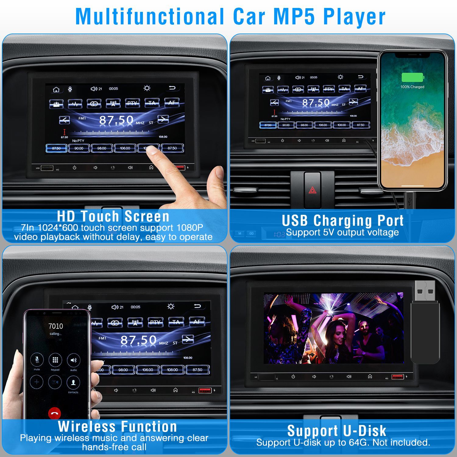 7″ Universal Wireless Car MP5 Player Touch Screen FM Radio Camera Remote Control