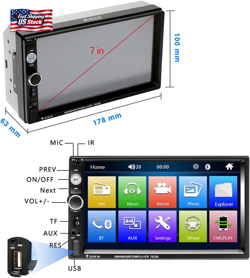 Amprime Double Din Car Stereo Radio with Bluetooth 7” Touch Screen FM Receiver M