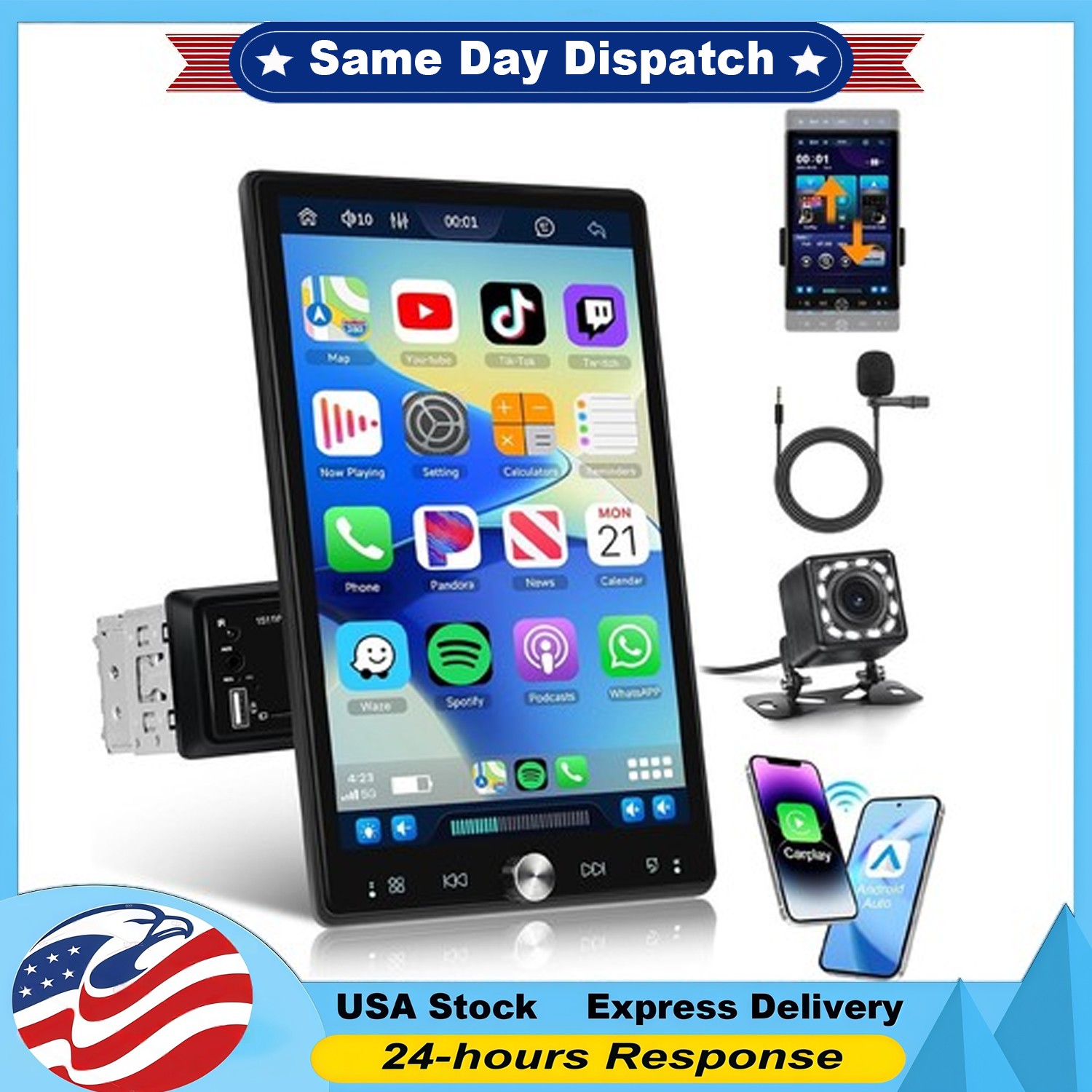 10.4″ Single Din Touch Screen Stereo Bluetooth Radio Apple/Android Carplay+CAM