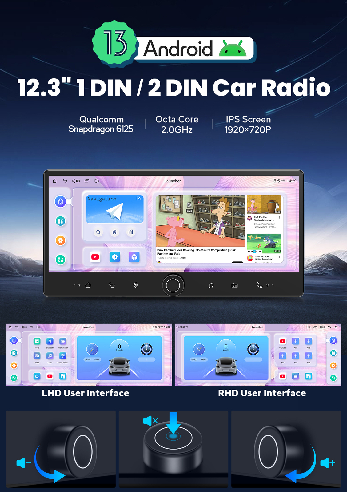 12.3 Inch Universal Single/Double Din Head Unit with HDMI Output Android 12 DSP