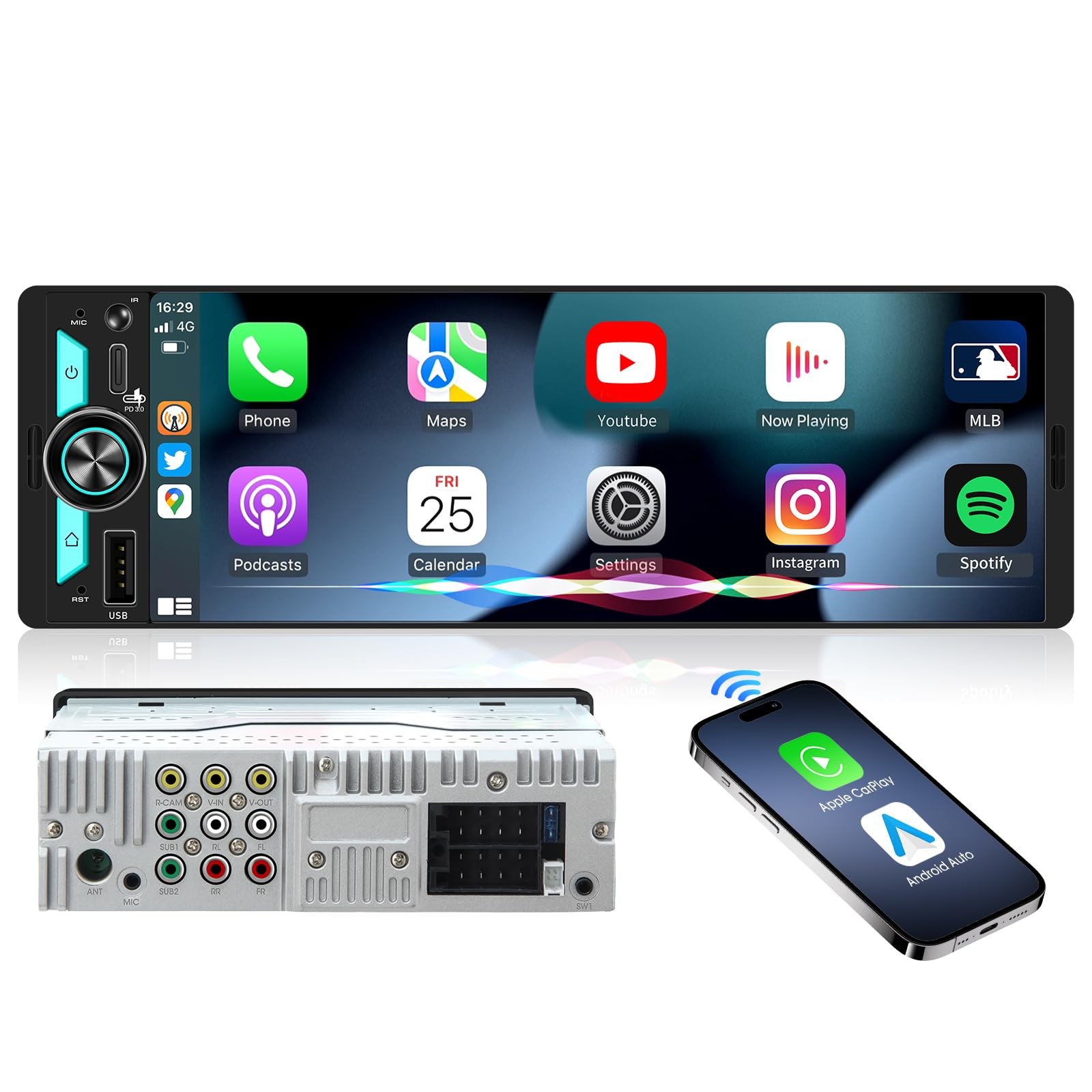 Wireless Single Din CarPlay Stereo: 6.5 Inch Wireless Android Auto Touchscree…