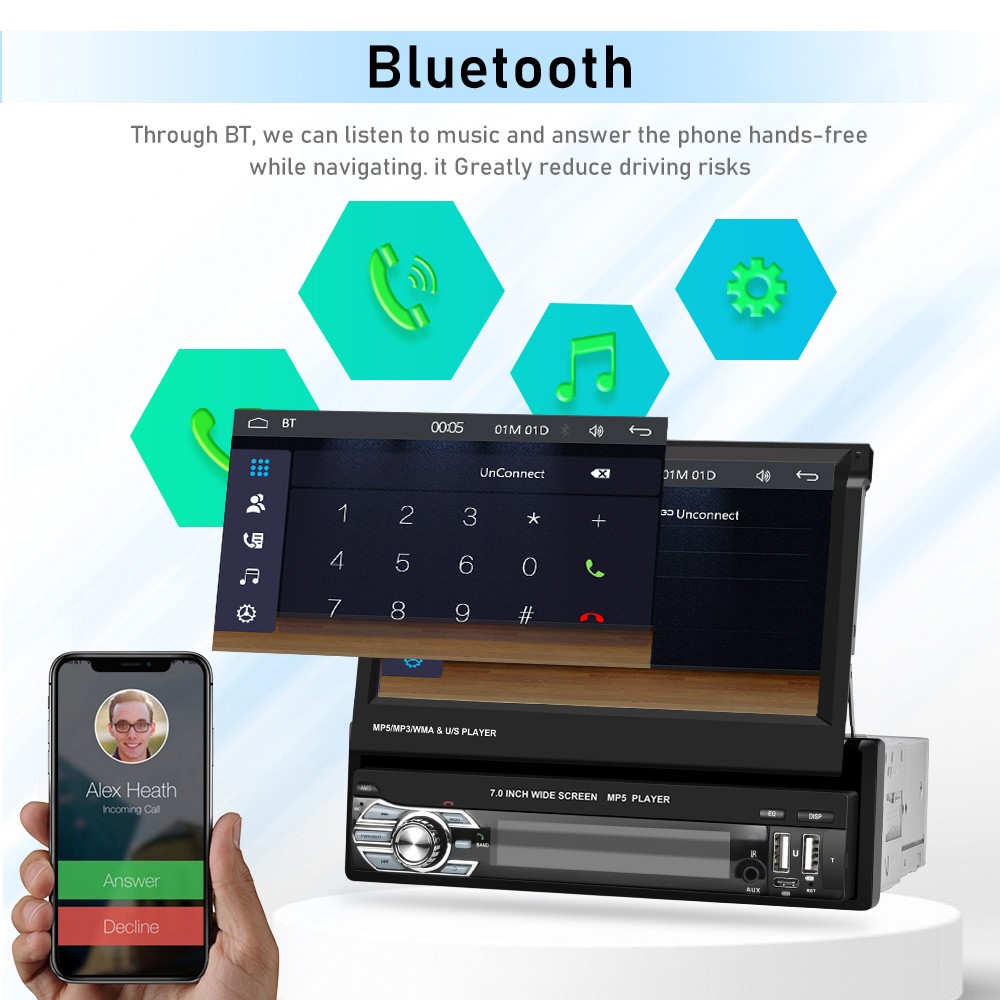 7″ Car Radio Single 1Din Retractable Wireless CarPlay Stereo Touch Screen BT FM