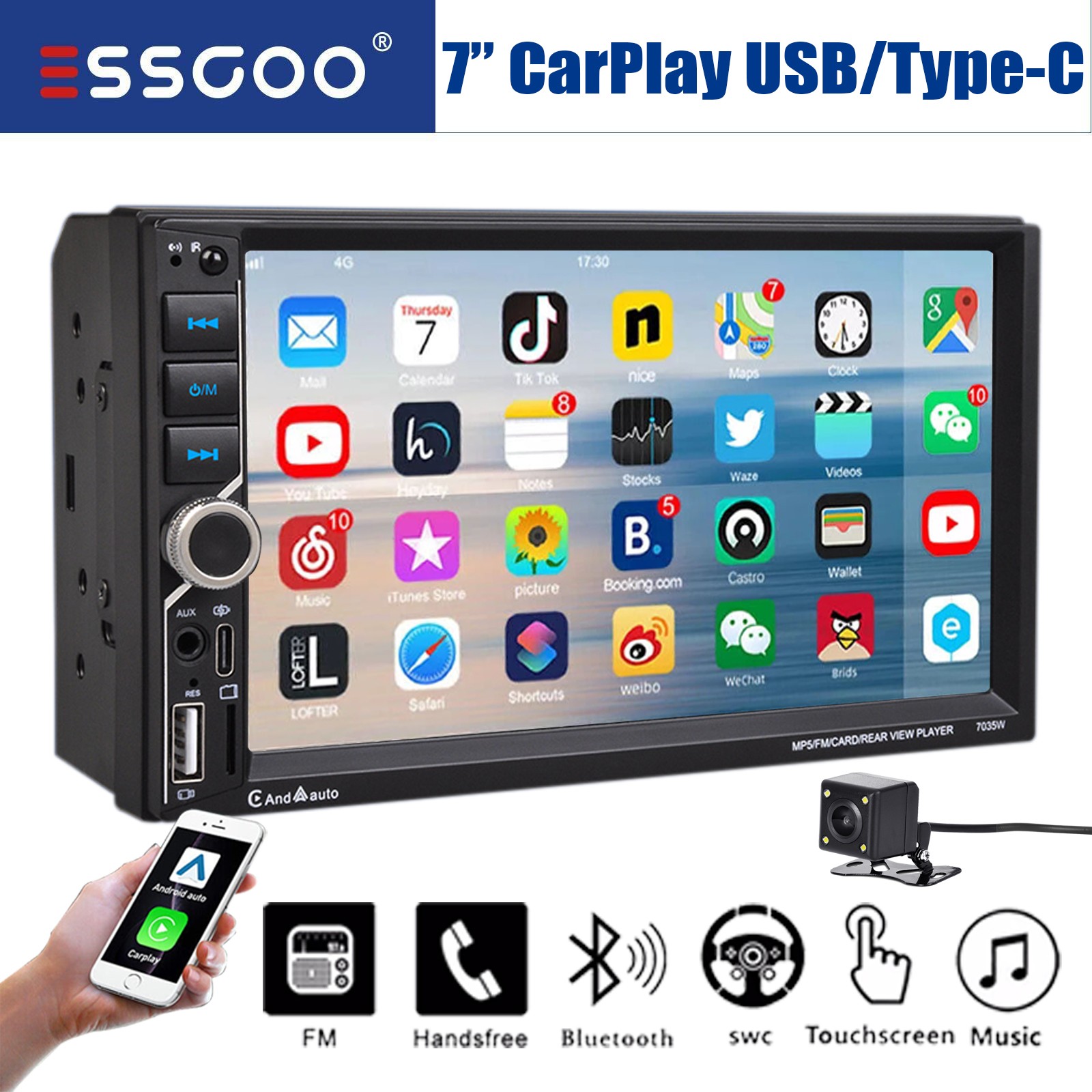 Double 2 Din 7″Car Stereo Apple CarPlay/Android Auto Head Unit USB/Type-C BT+CAM