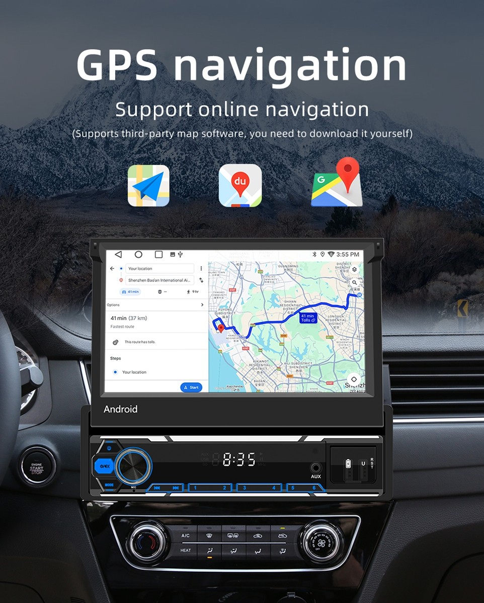7” Single Din Android 15 Retractable Screen Car Stereo Radio GPS WIFI Carplay