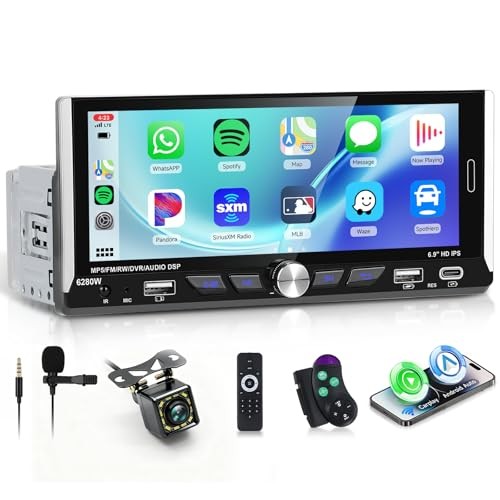 6.9-inch Single Din Car Stereo Wireless Carplay,1280X480P IPS Touch Screen Car
