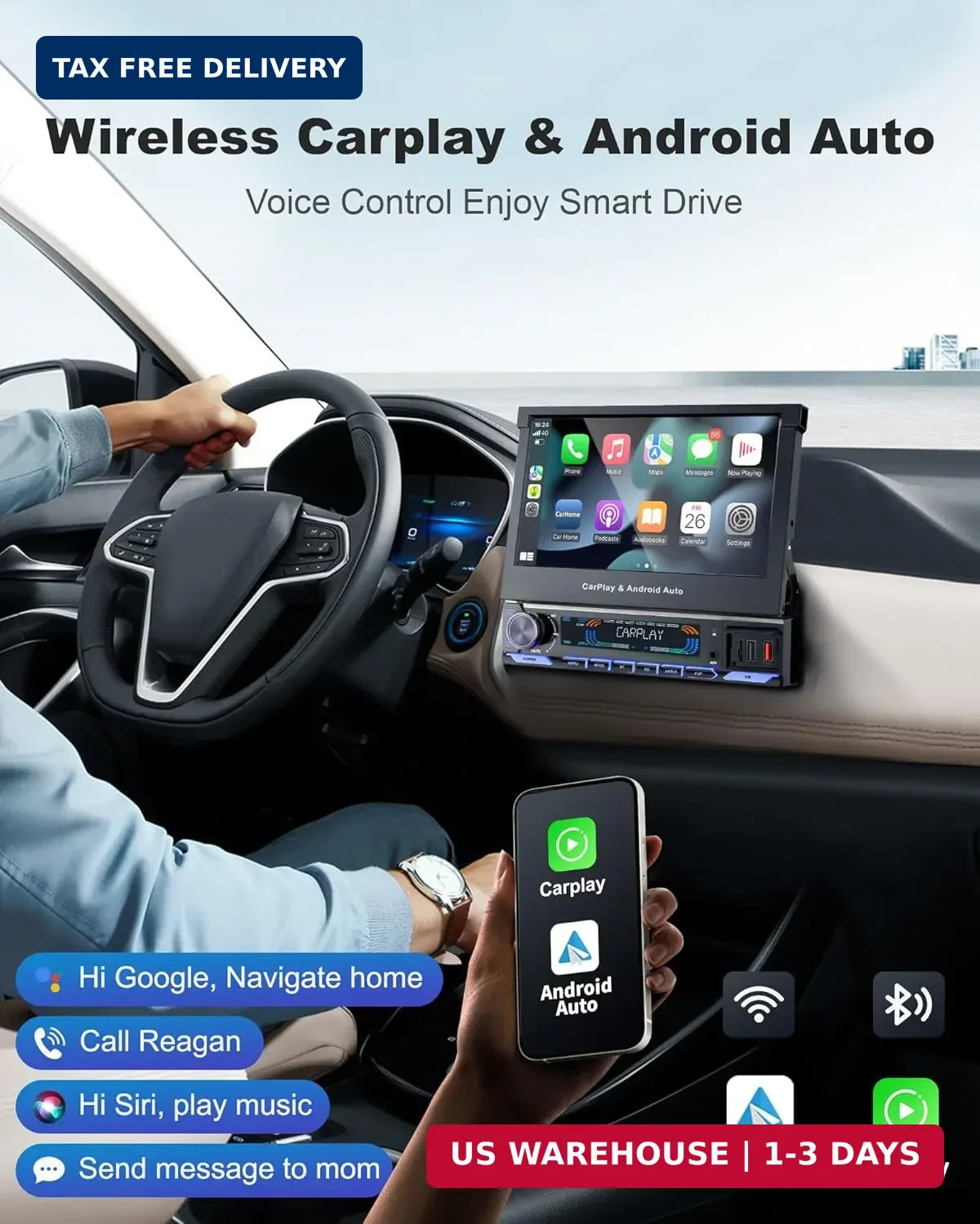 2026 Car Stereo with Wireless CarPlay & Auto, 7-inch HD motorized flip out