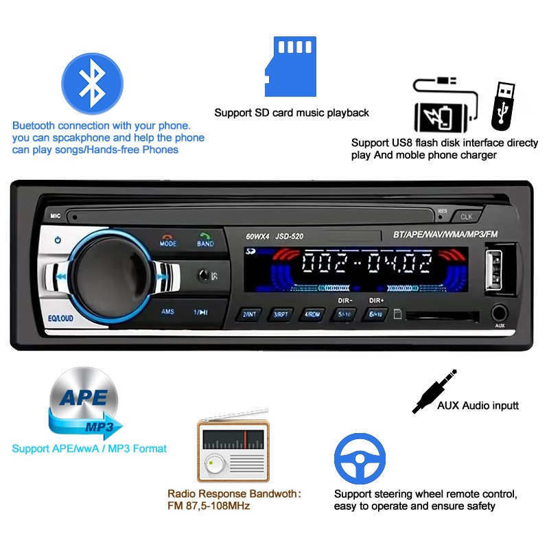 4x60W Single Din In-Dash Car Radio with Steering Remote Bluetooth MP3 Player