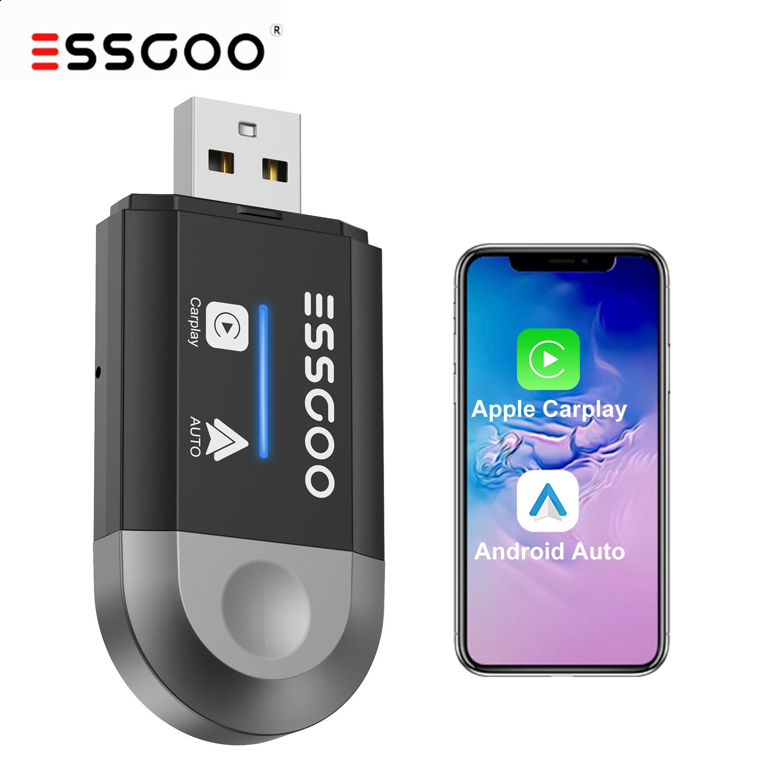 ESSGOO Wireless Apple Carplay Adapter USB Android Auto Adapter Car Connect Box