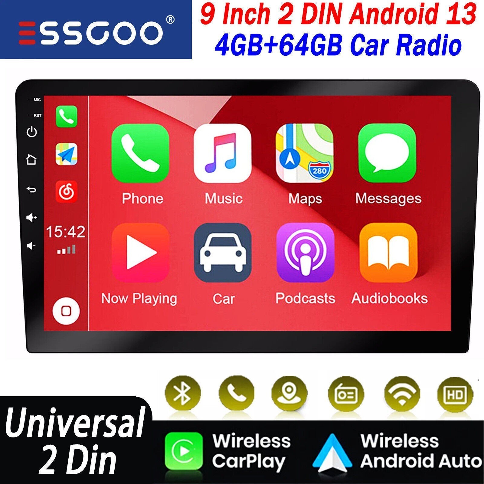 4G+64G 9″ Wireless CarPlay Android 13 Double 2 Din Car Radio Stereo USB GPS NAV
