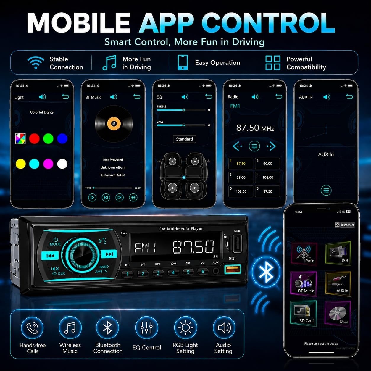 Bluetooth Single Din Car Stereo – Hands-Free Calling & App Control, 7 LED Colors