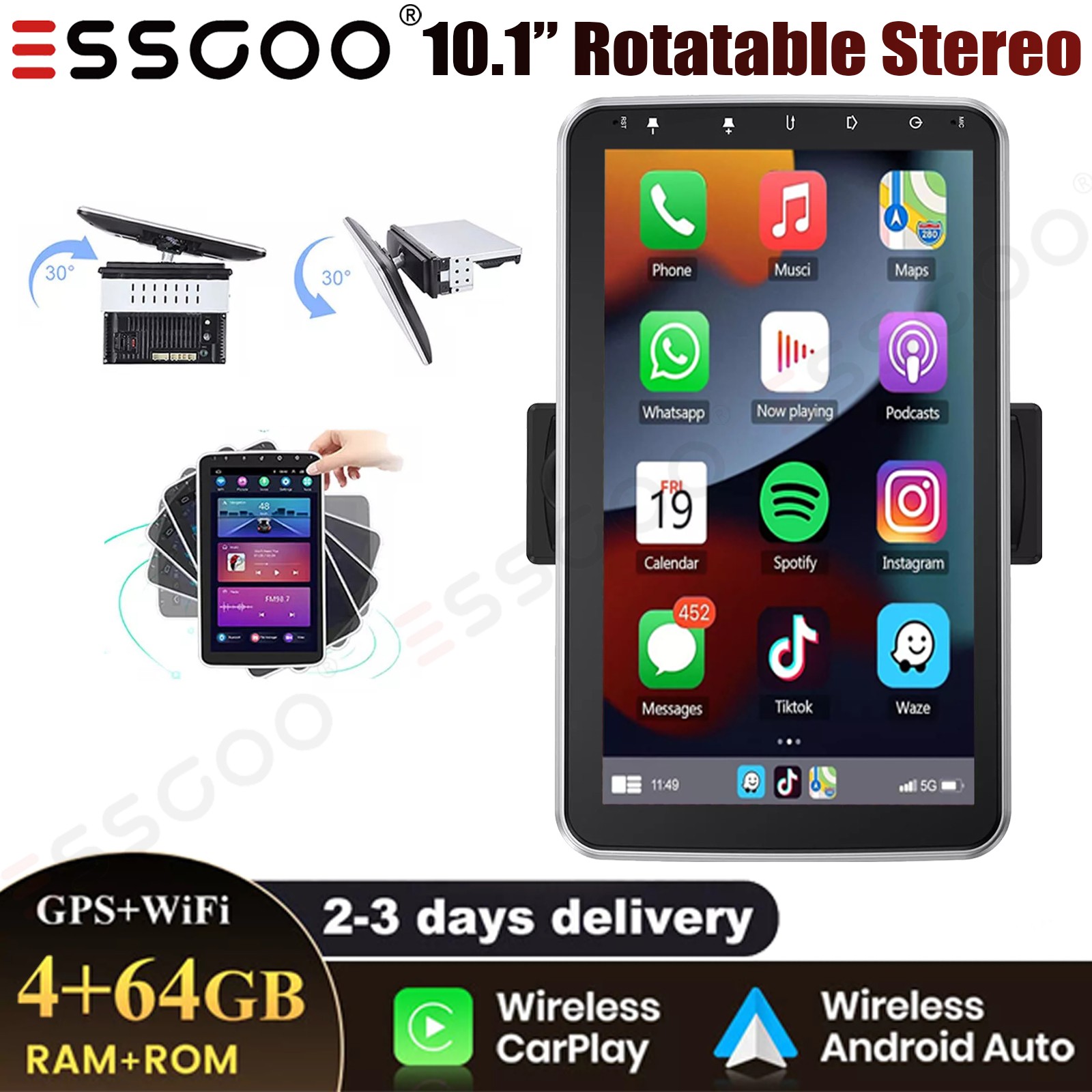10.1″ Android 15 Car Stereo Radio 1Din Rotatable Carplay Touch Screen 4+64GB GPS