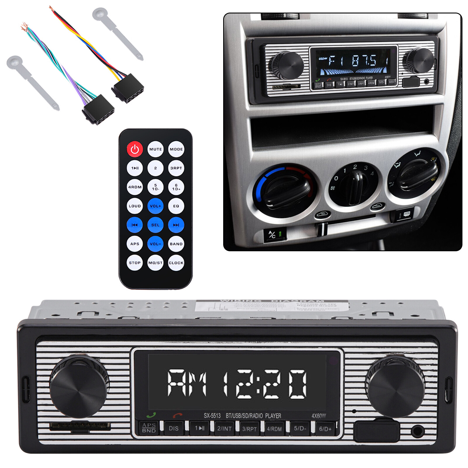 FM Radio MP3 Player Bluetooth Vintage Car USB Classic Stereo Audio Receiver AUX