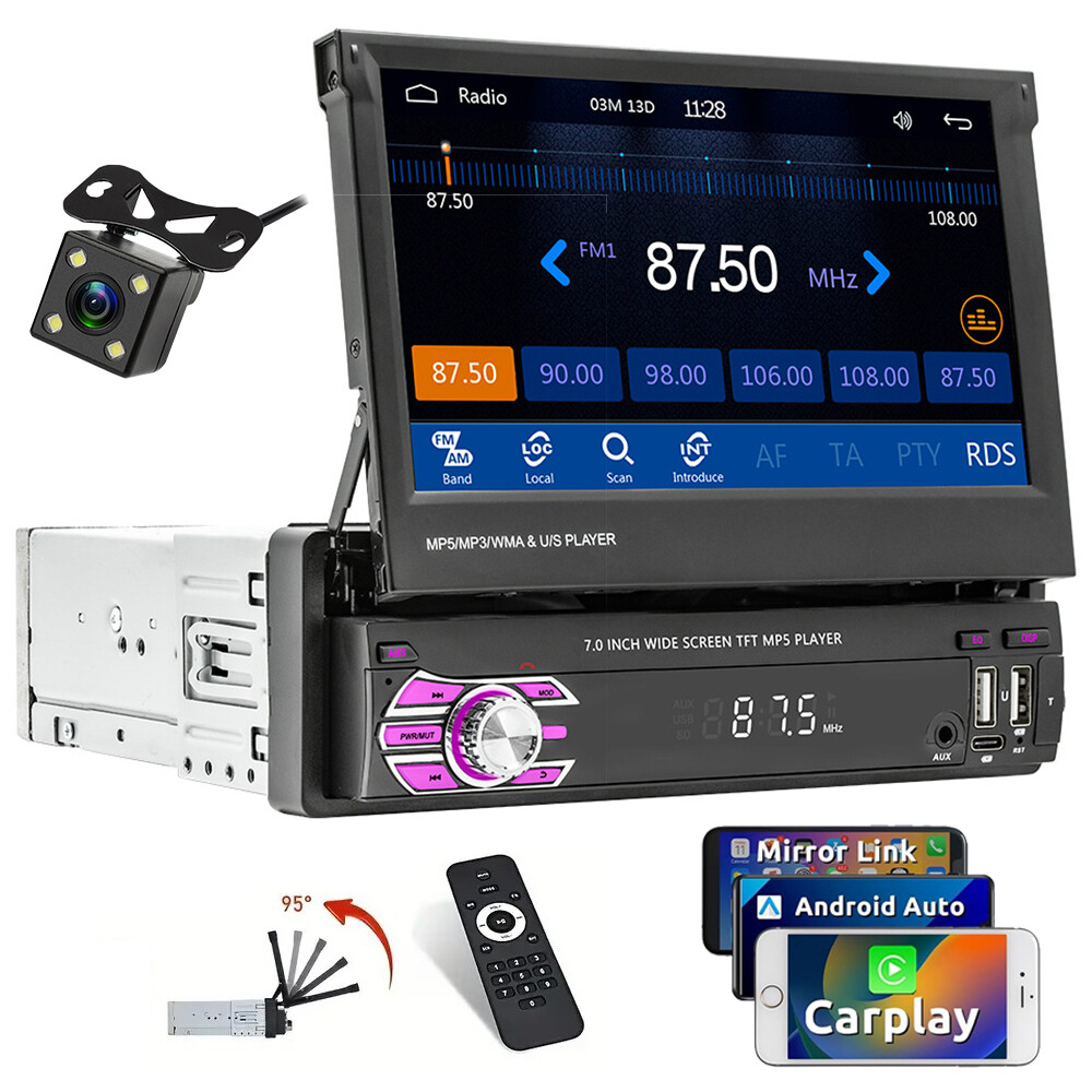 7″ Touchscreen Bluetooth Single 1 Din Car Stereo Radio For Apple/Android CarPlay