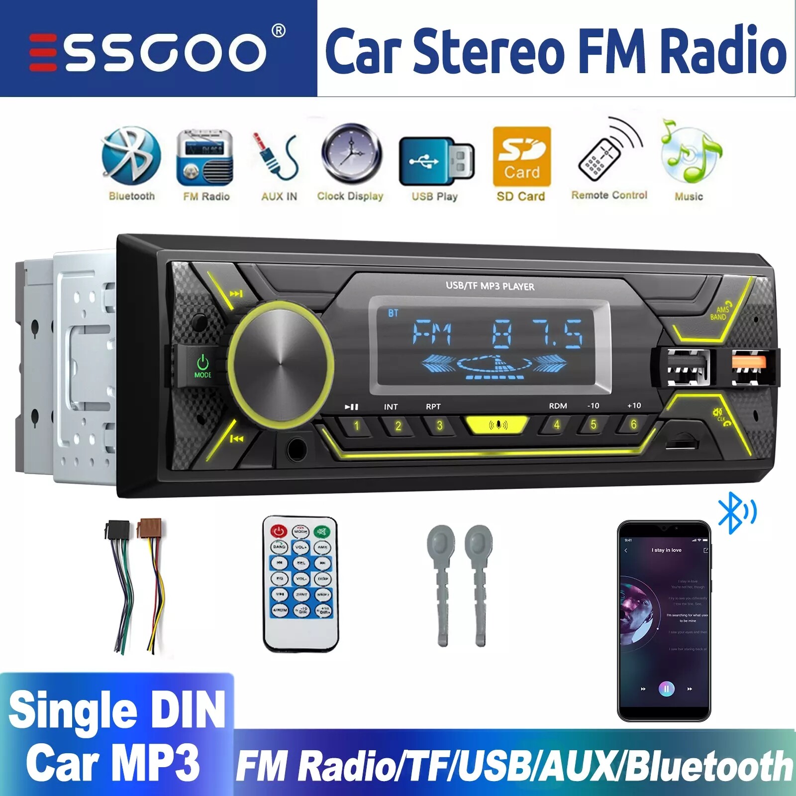 ESSGOO Single 1 Din Car Stereo Bluetooth FM Radio USB SD In-Dash Player AUX SD