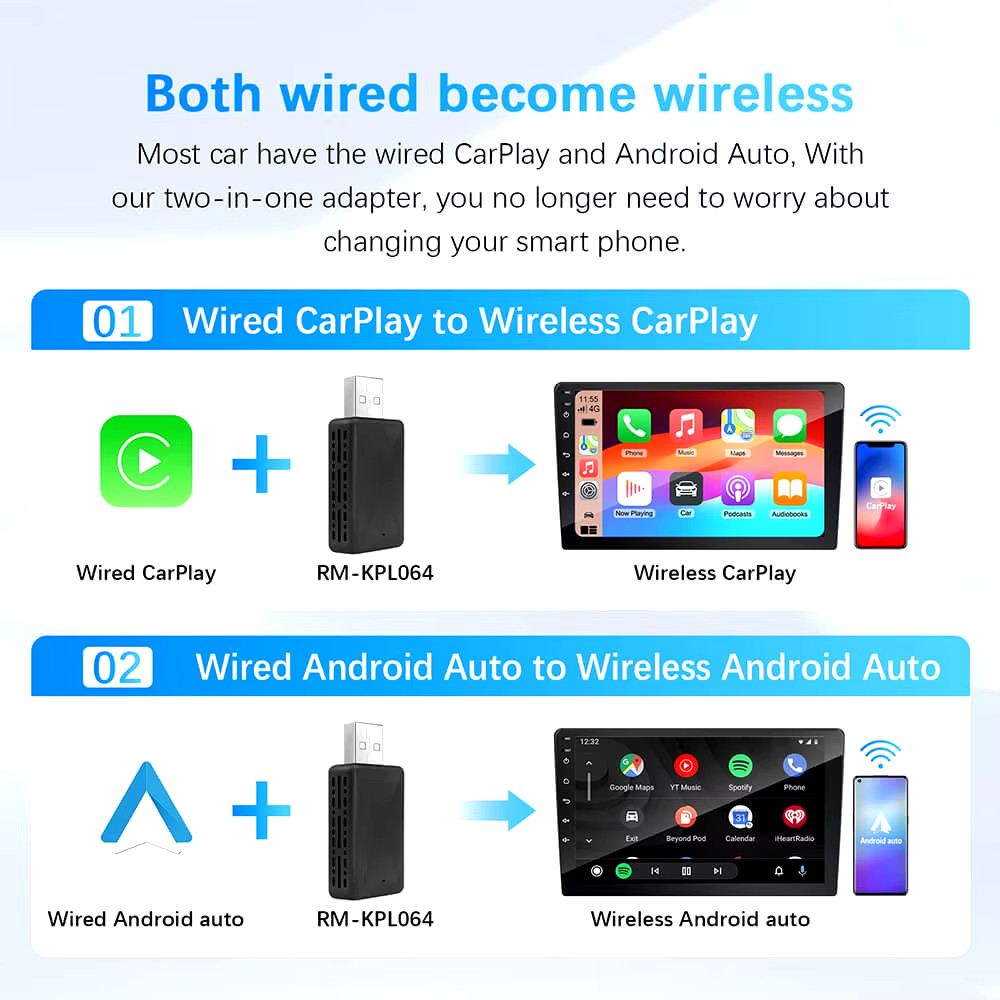 2In1 Wired to Wireless Carplay Android Auto Adapter for OEM Car Stereo with USB