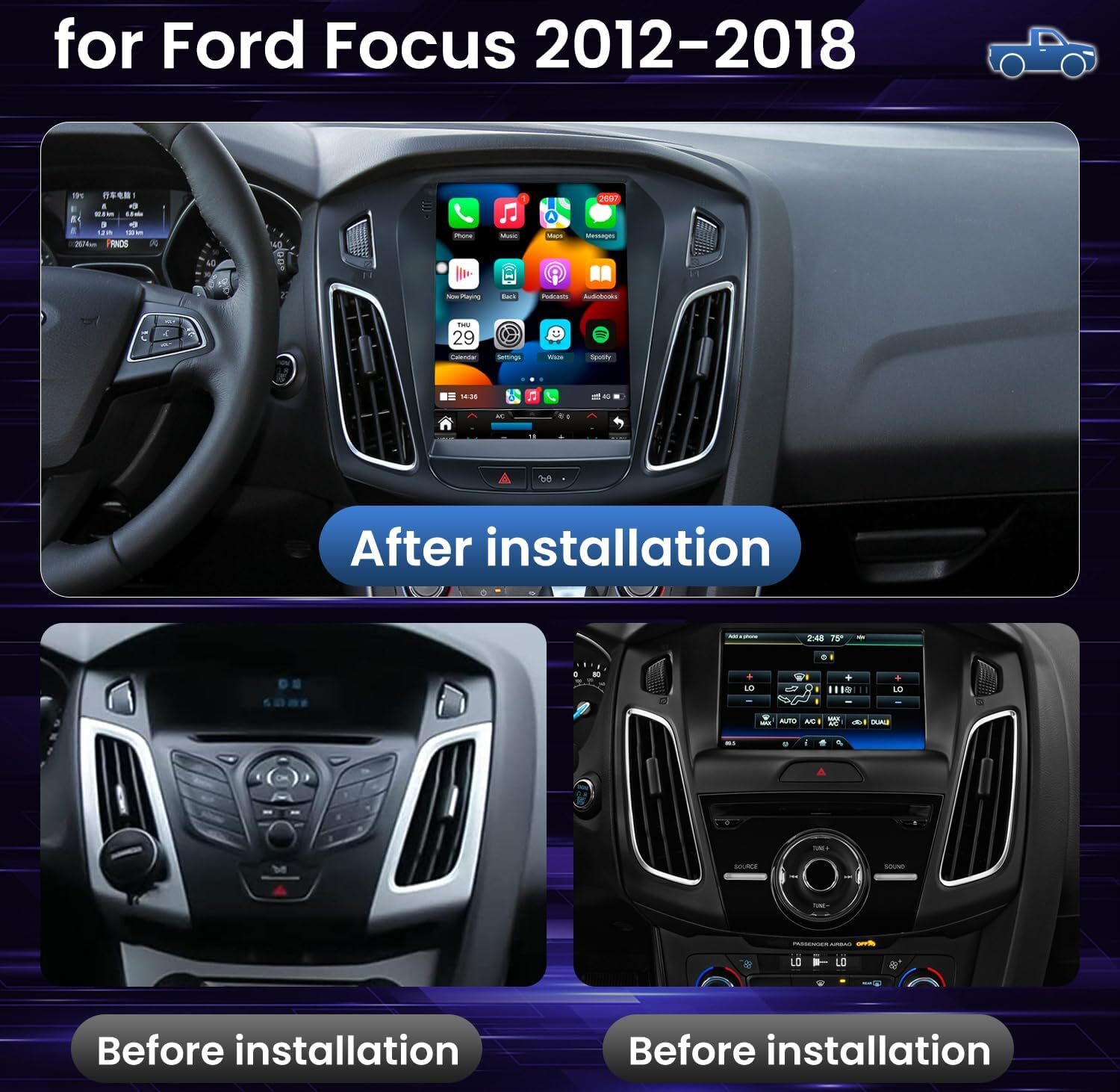 For Ford Focus 2012-2018 32GB Car Apple Carplay Radio Stereo Android 12 GPS +Cam