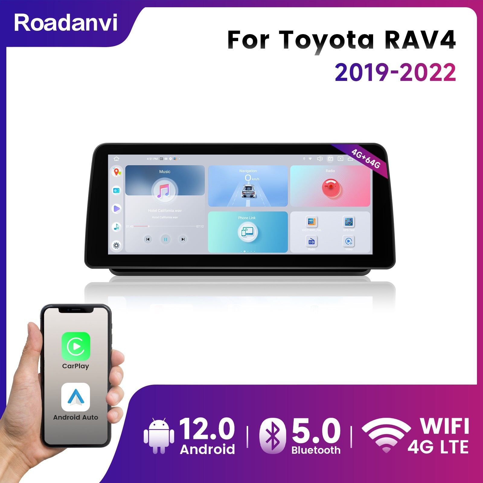 Roadanvi 12.3″ Android 12 Car Radio for Toyota RAV4 2019-2022 Apple Carplay Navi