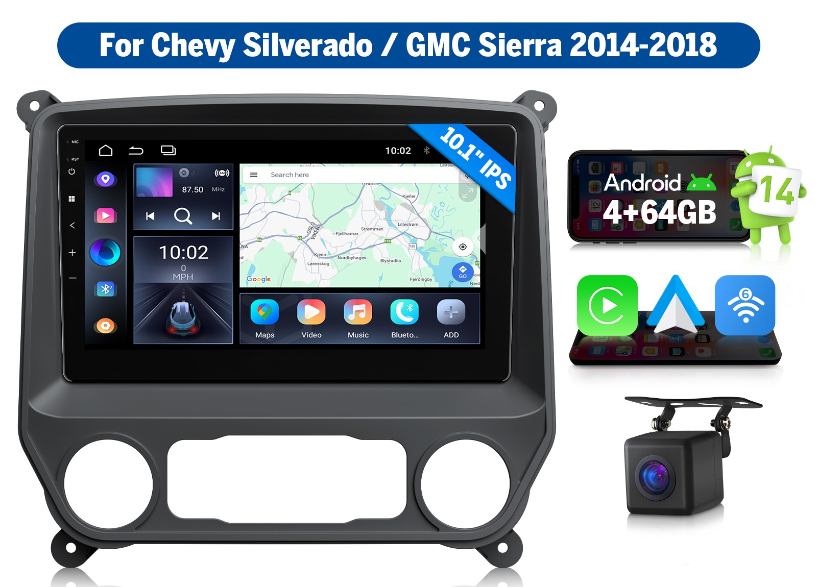 10.1″ Android 14 4+64 Car Radio Stereo CarPlay for GMC Sierra 14-18 Touch Screen