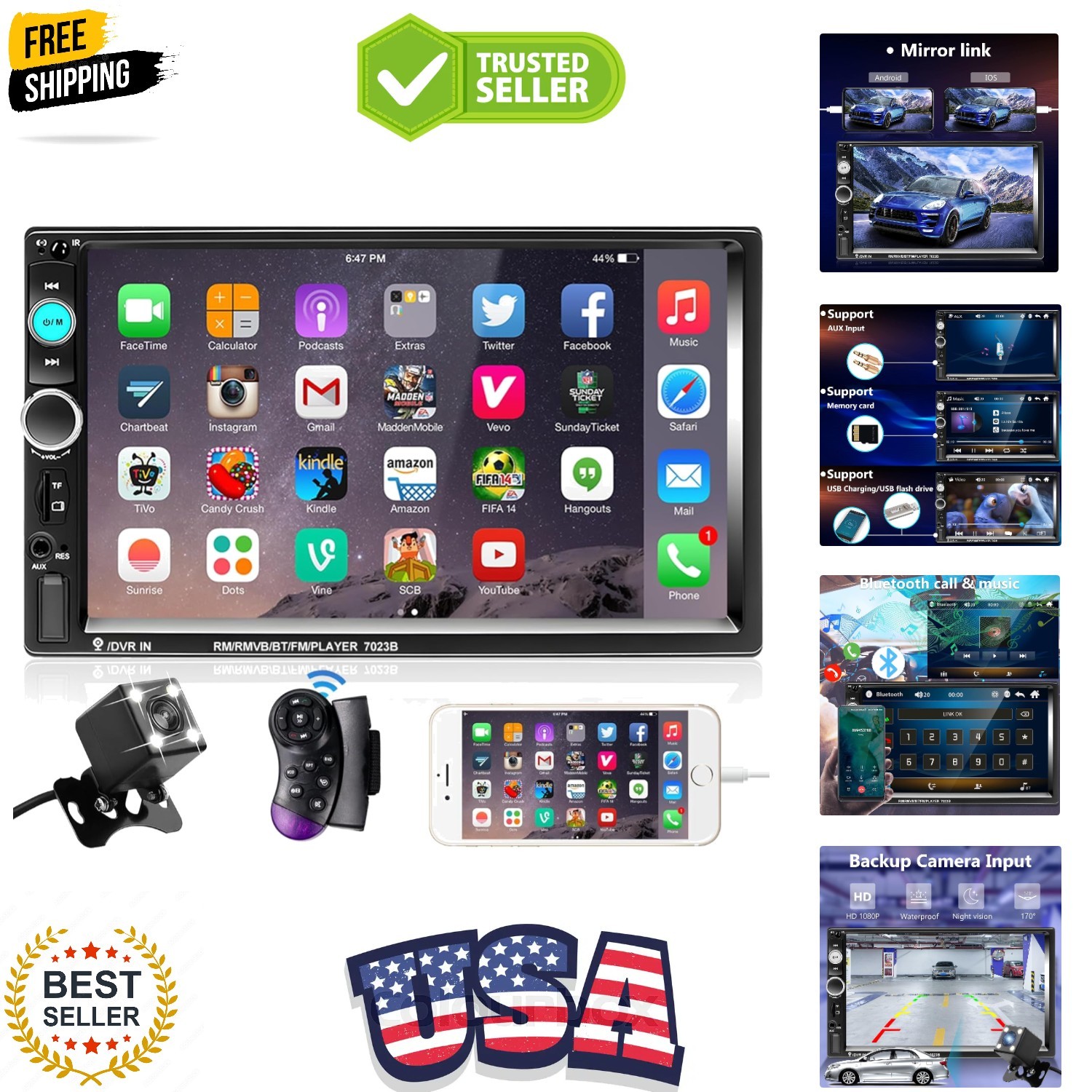 Double Din Car Stereo Radio 7 Inch Touch Screen Bluetooth Handsfree Mirror Li…