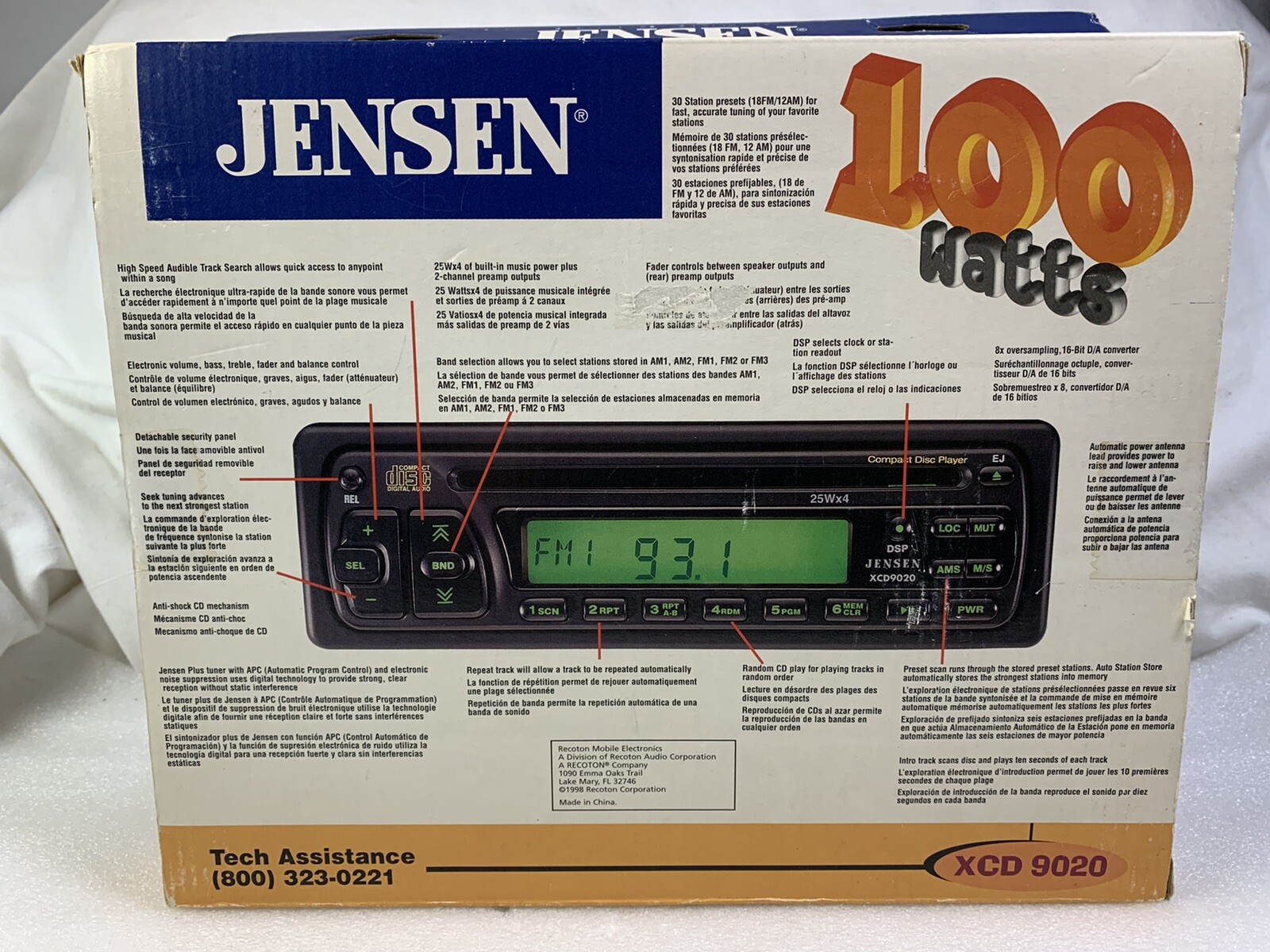 Jensen XCD 9020 Car AM/FM CD RECEIVER with Detachable Face Plate- New in Box