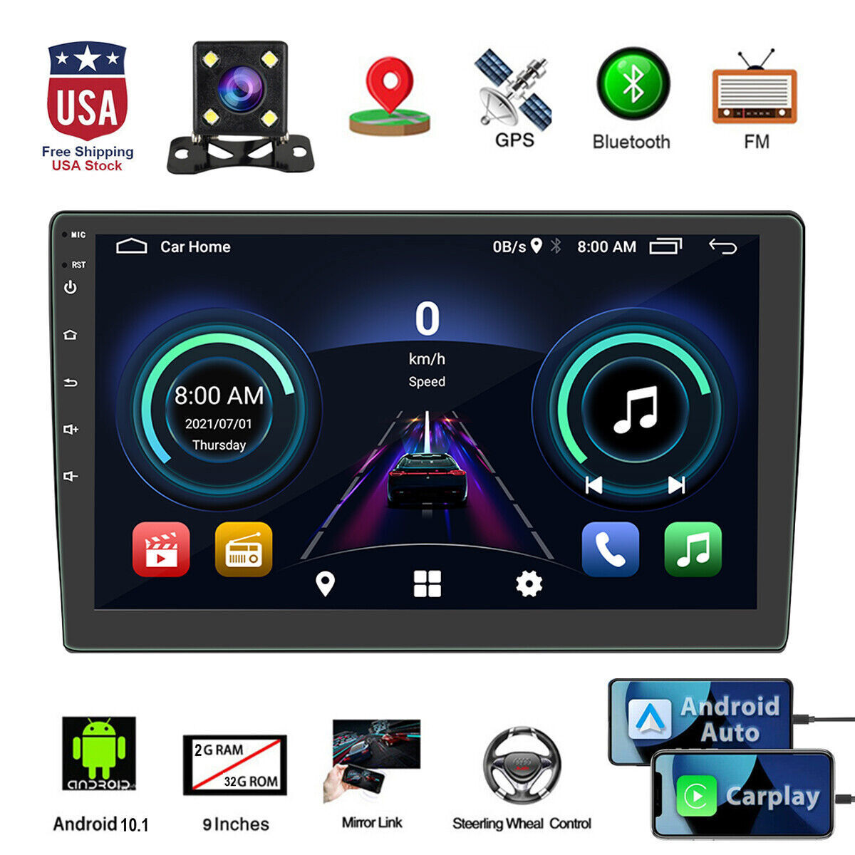 2 Din 9″ Android 12 Car Stereo Radio GPS Navi Touch Screen WiFi CarPlay W/Camera