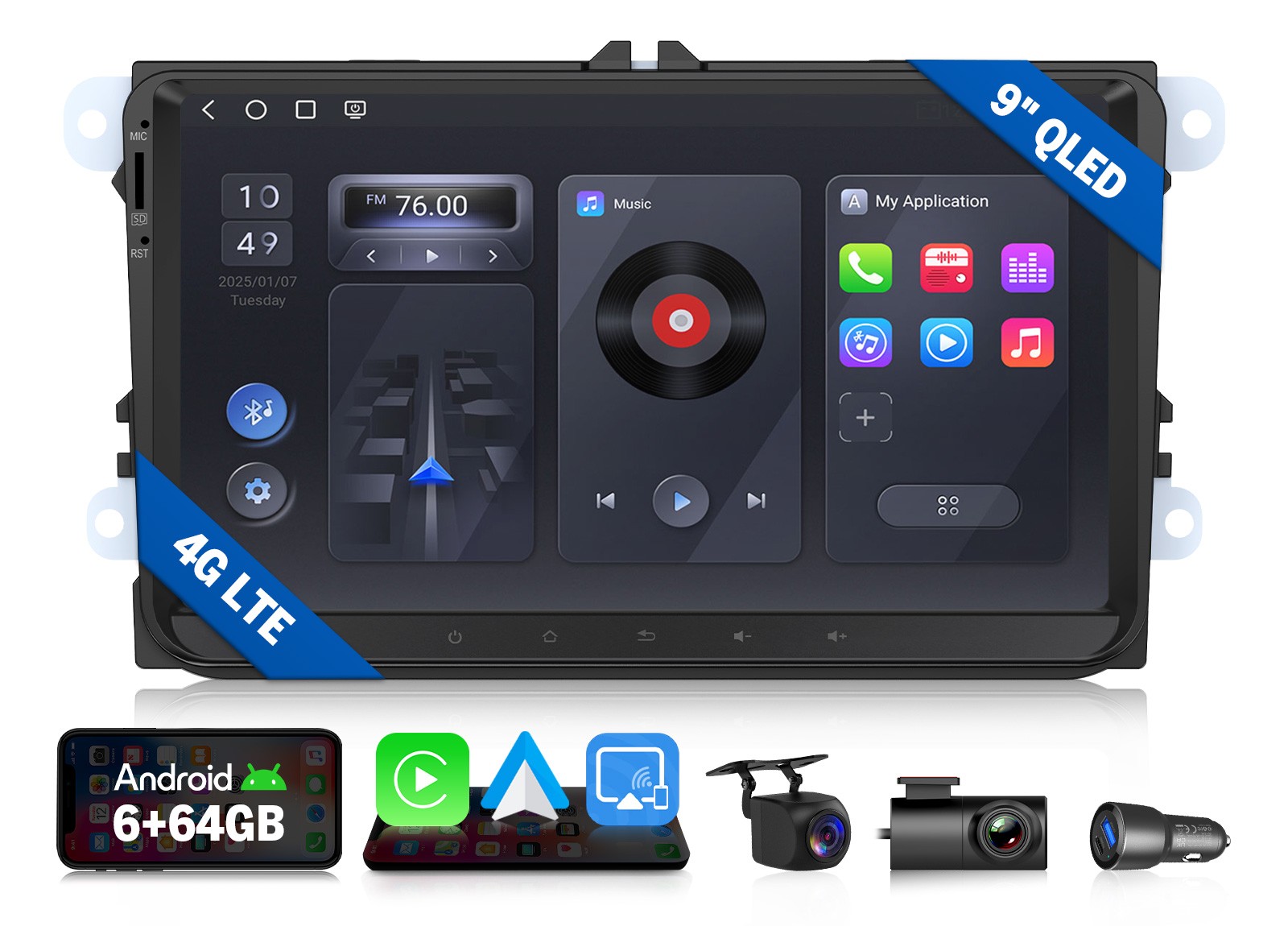 For VW Volkswagen QLED 6+64 9″ Android Car Radio Wireless CarPlay GPS Navigation