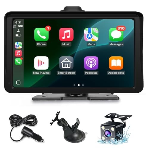 Apple Carplay Screen for Car, 7″ HD Portable Dual-mount with Backup Camera