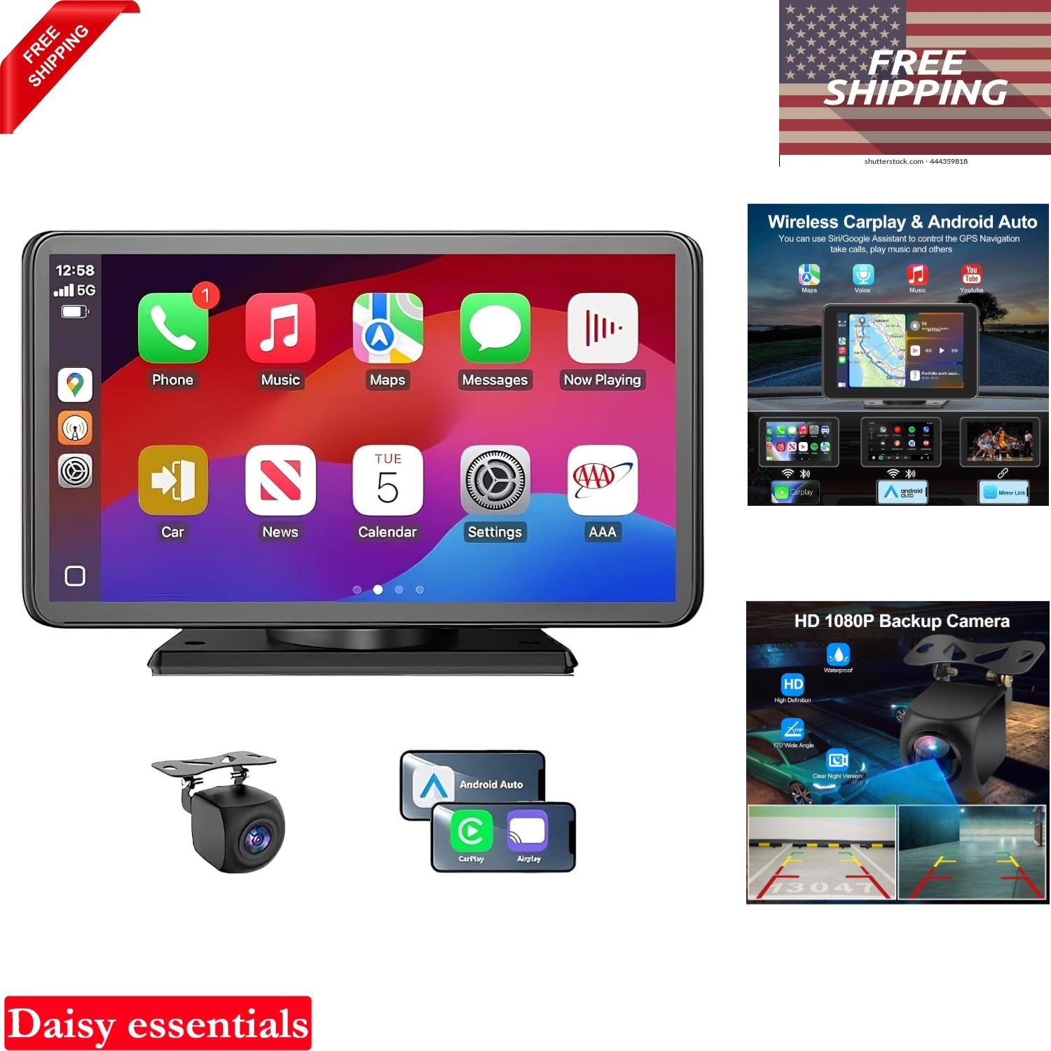 Wireless CarPlay Android Auto Car Stereo 7in Touch Screen Backup Cam Bluetooth