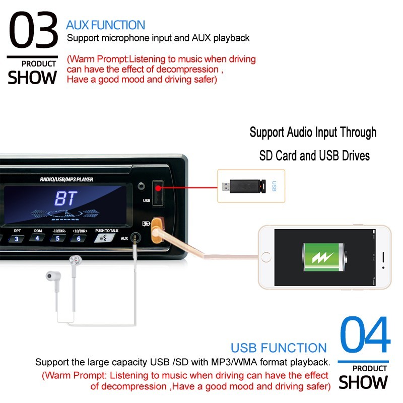 Single Din Car Stereo Bluetooth MP3 Player Dual USB SD FM Radio 60W x 4