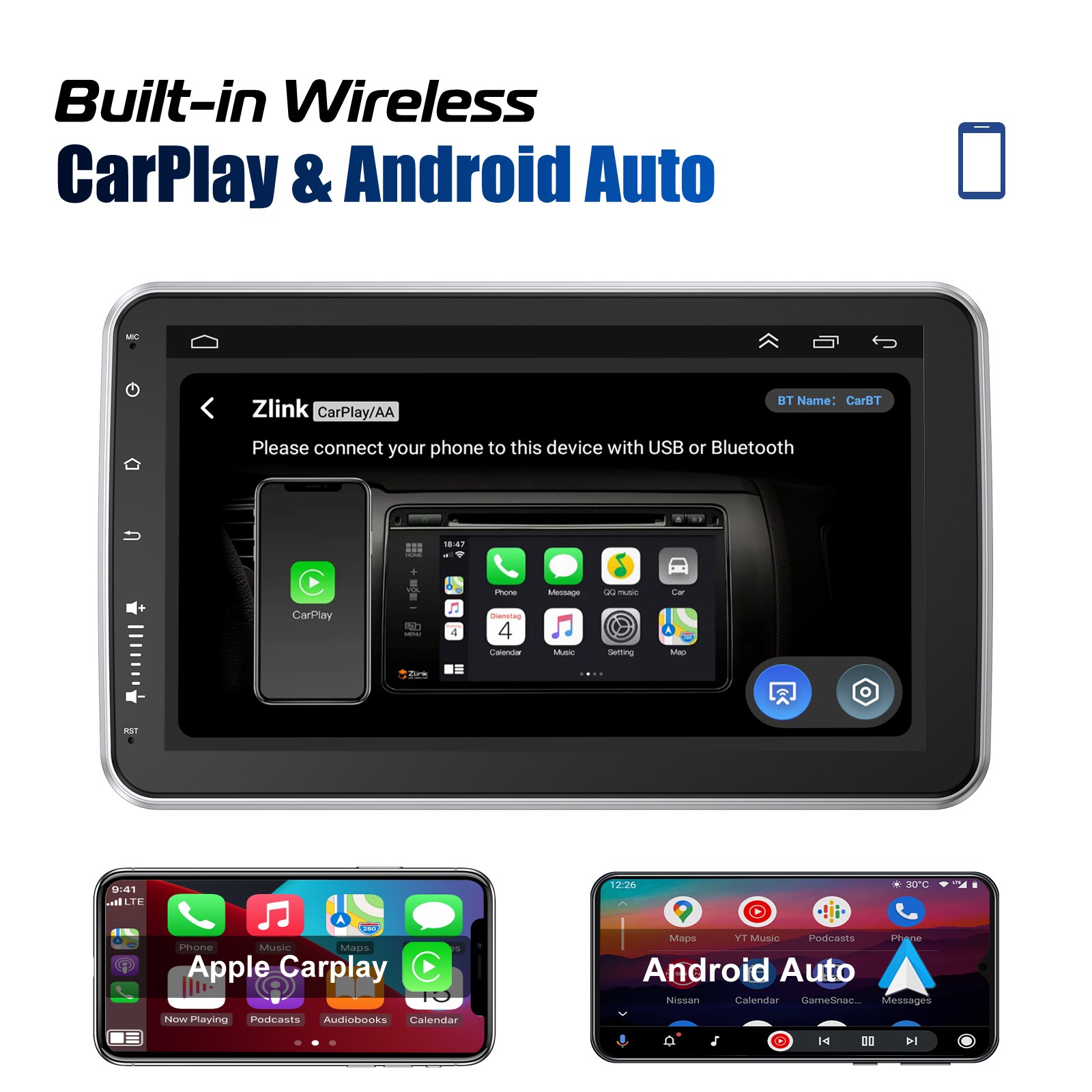 Wireless Apple CarPlay Android Auto 10.4″ Single 1 DIN Car Stereo Head Unit AUX