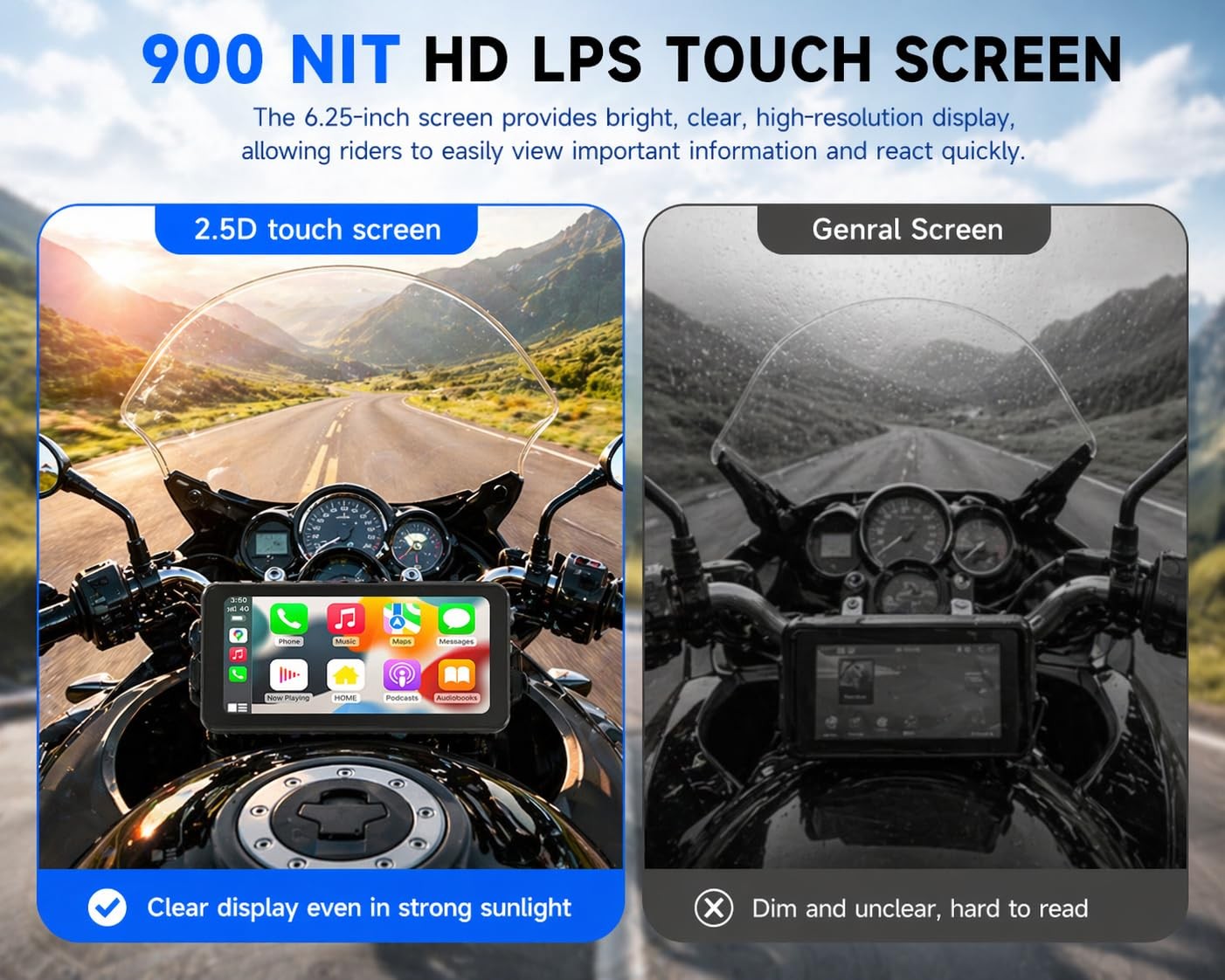 Motorcycle CarPlay Screen 6.25″, Wireless Apple CarPlay & Android Auto Displa…