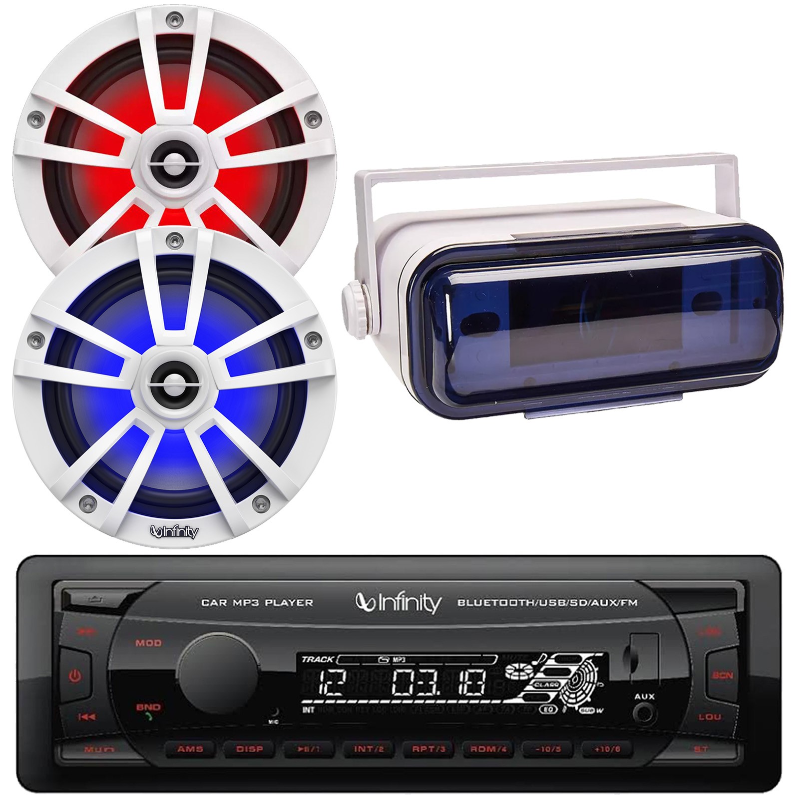 Infinity Bluetooth Radio Receiver, 2x 6.5″ 225W LED White Speakers, White Cover